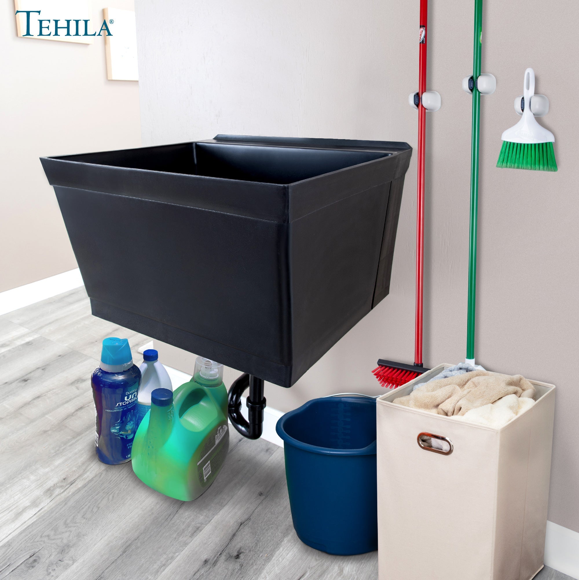 Tehila Standard Wall-Mounted Black Utility Sink, Water Supply Lines Included