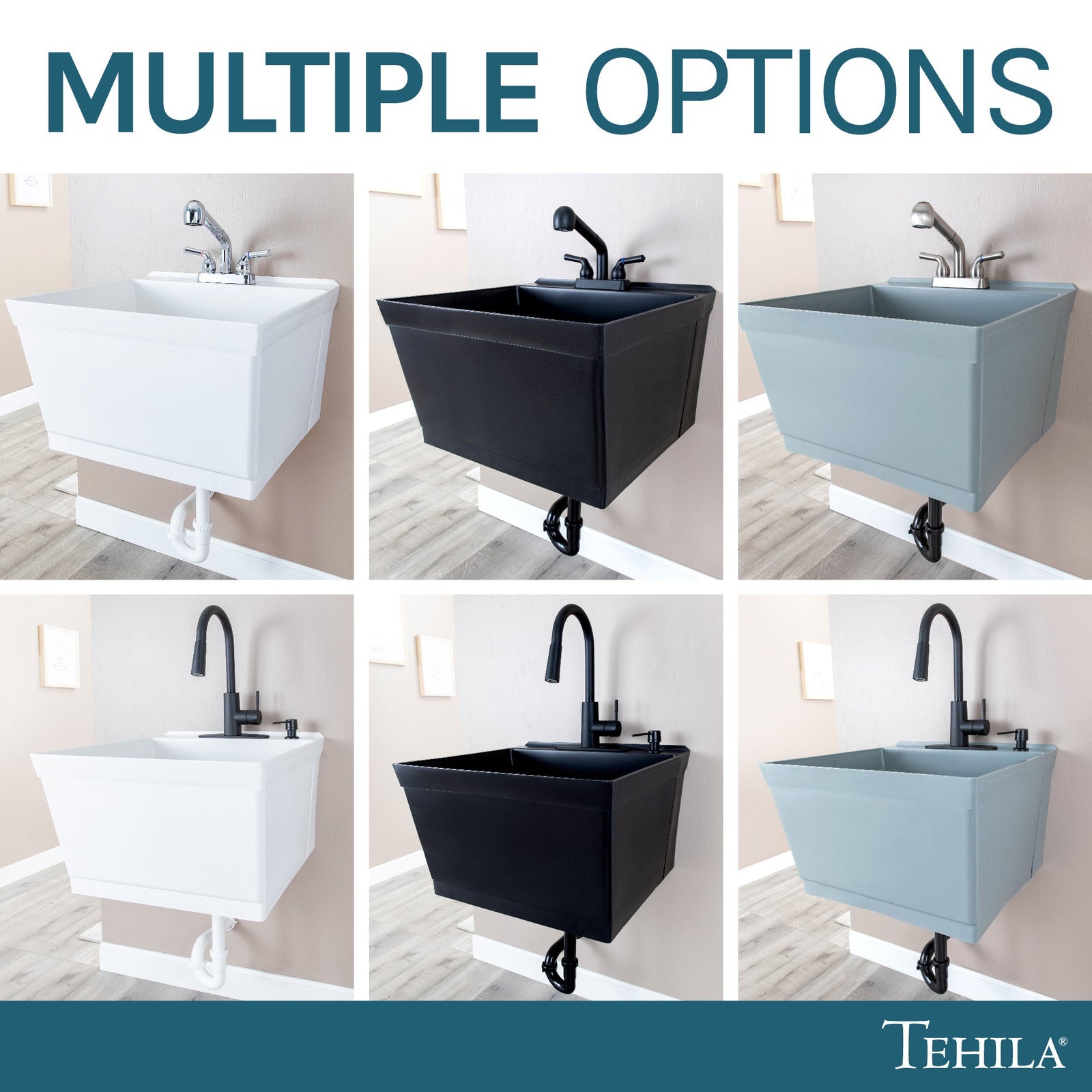 Tehila Standard Wall-Mounted Black Utility Sink, Water Supply Lines Included