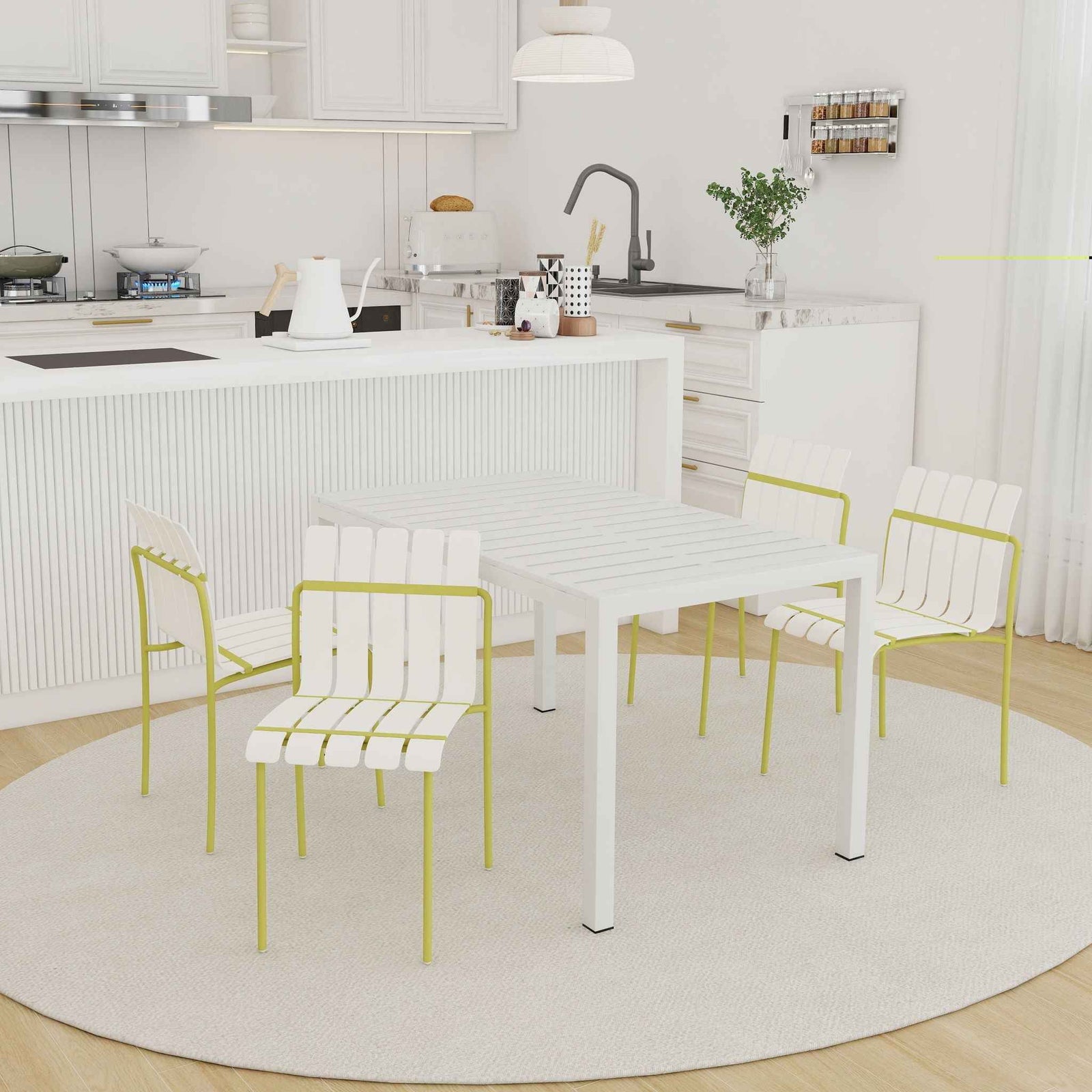 4 Piece Set Of Modern Color Block Designed Single Chairs With Long Table