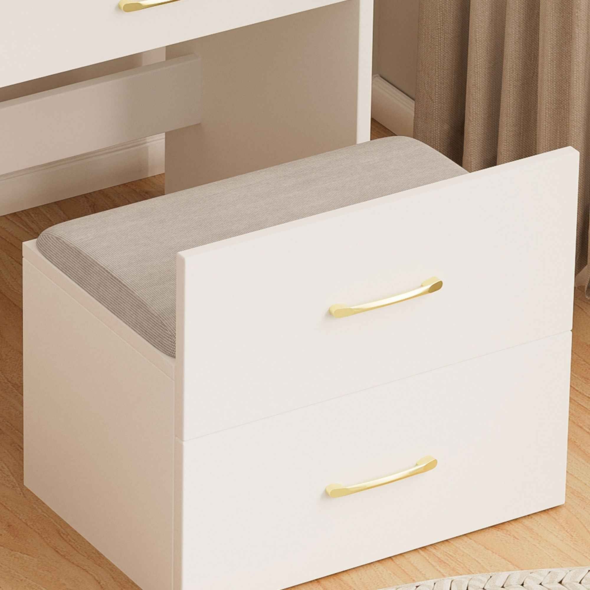 Compact 3 In 1 Vanity Desk With Open Top Mirror, Glass Desktop, 5 Height - White