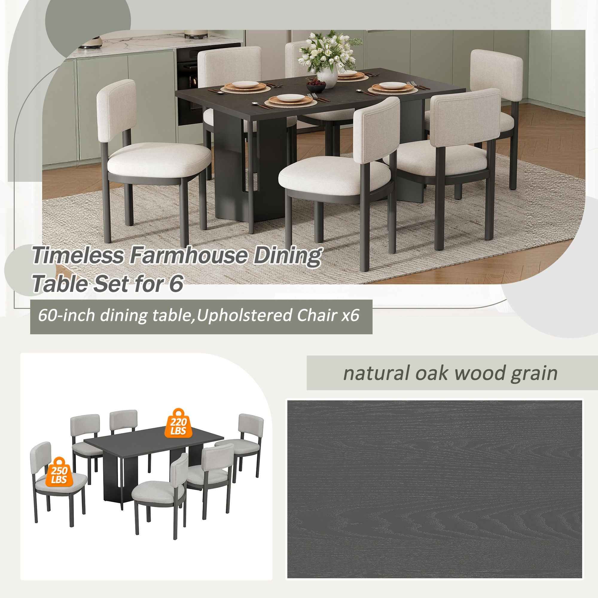 Dining Table Set With 6 Upholstered Chairs, Rectangular Table With Cutout Legs
