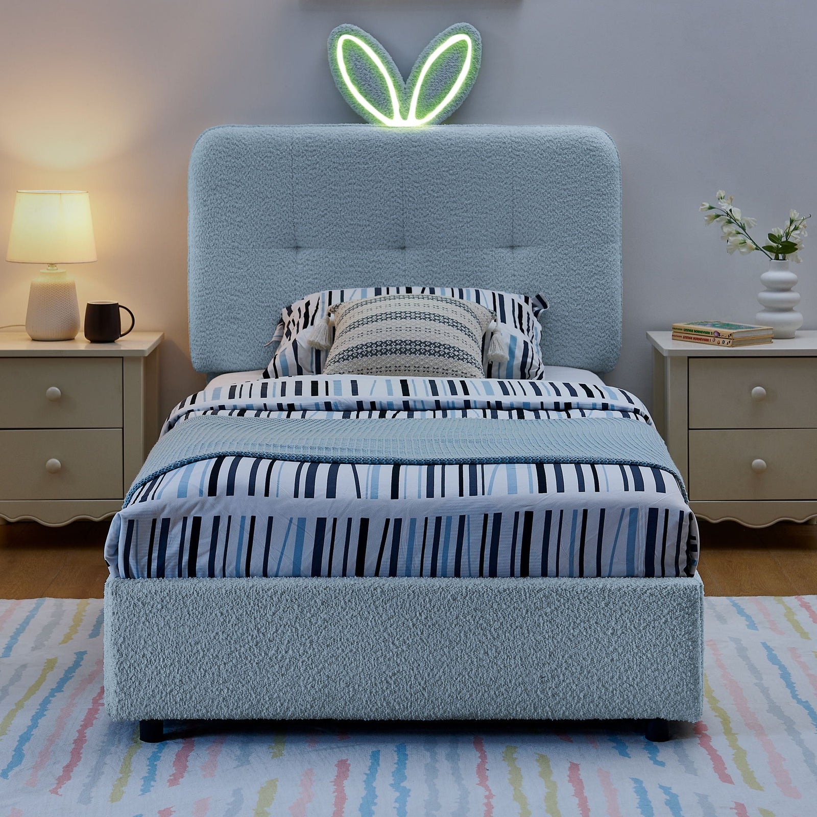 Upholstered Bed With Oversized Rabbit Ear Headboard, LED Lights & 4 Storage Drawers
