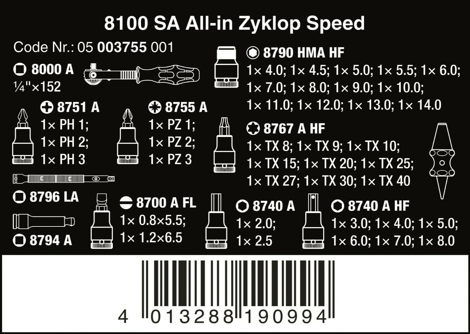 Wera 8100 SA All In Zyklop Speed Ratchet Set HF 1/4