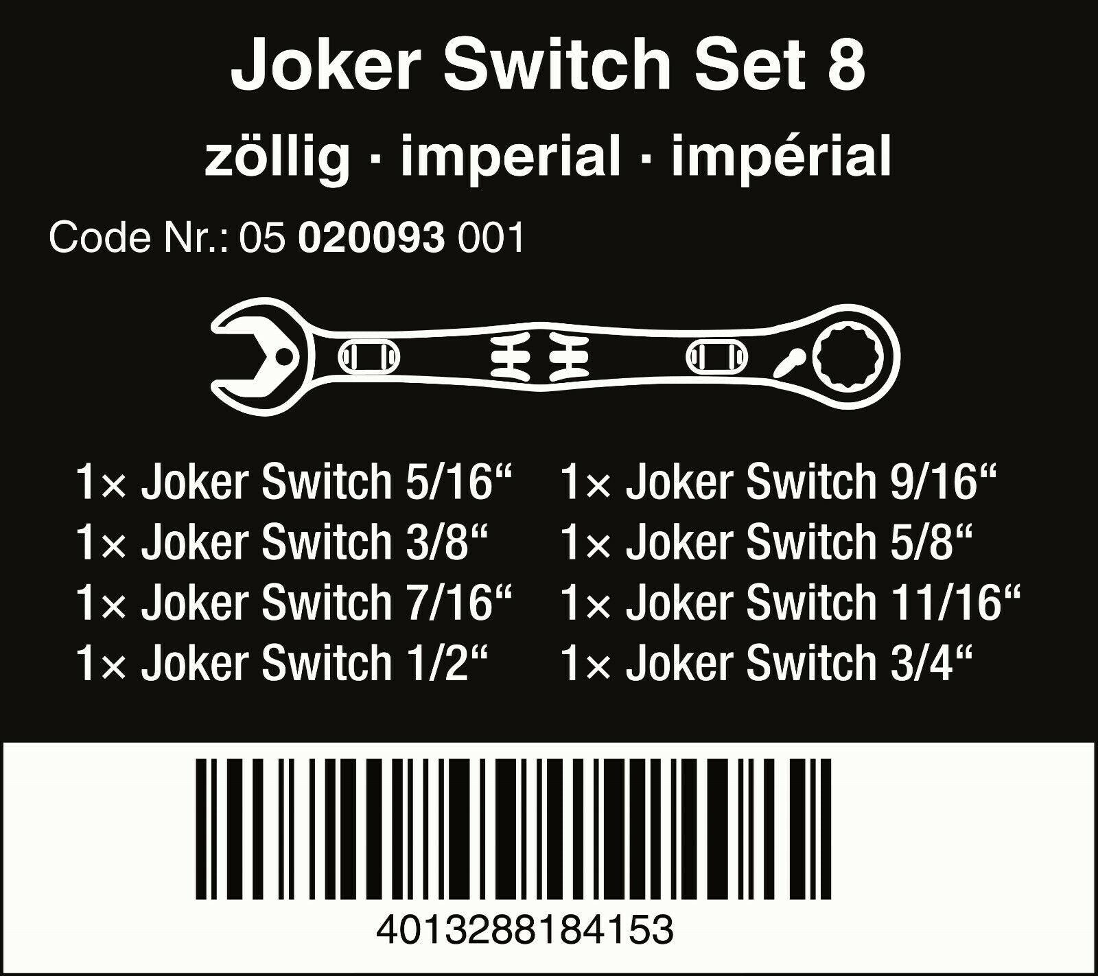 Wera 6001 Joker Switch Ratcheting Combination Wrench Set 8 Piece SAE 05020093001