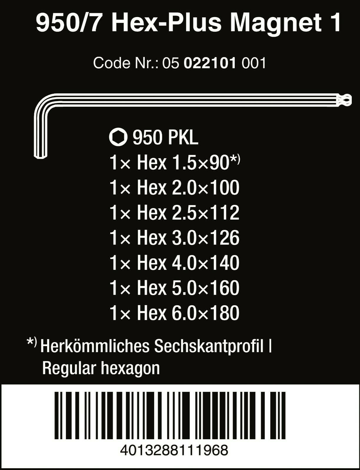 Wera 950/7 Hex-Plus Magnet 1 L-Key Set Chrome Plated Metric 7 Pieces 05022101001