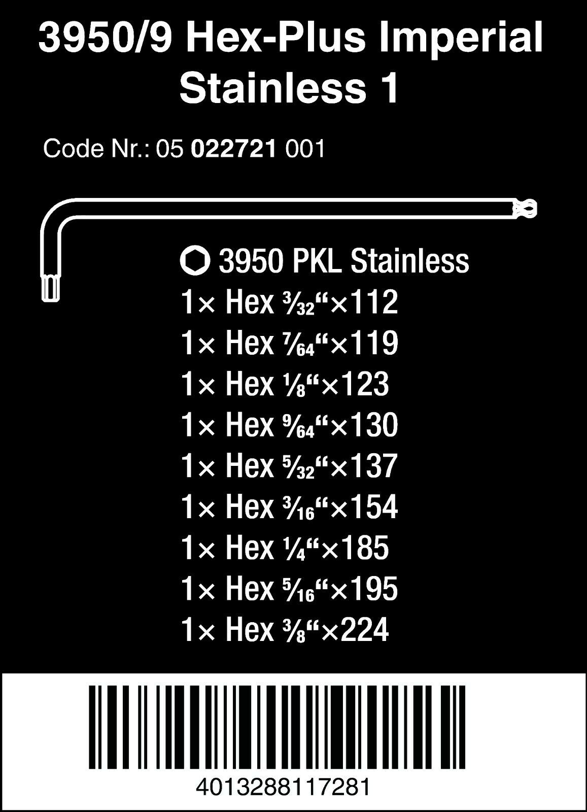 Wera 3950/9 Hex-Plus Stainless Steel L-Key Set Imperial 05022721001