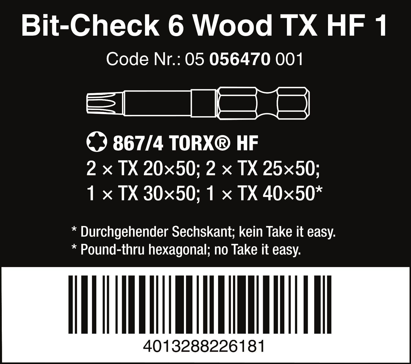 Wera Bit-Check 6 Wood TX HF 1 TORX® Bit Set 6 Pieces 05056470001