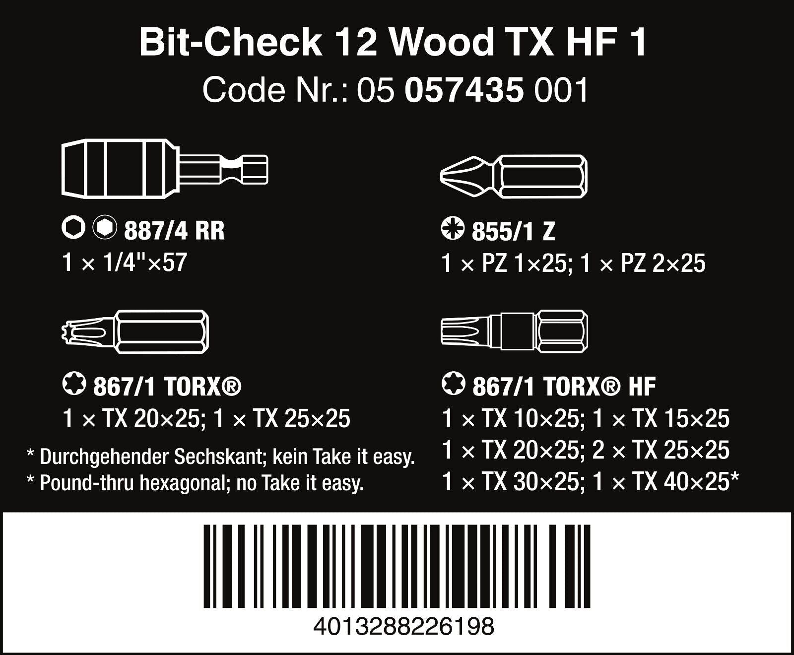 Wera Bit Check 12 Wood TX HF 1 Bits Set 12 Pieces 05057435001