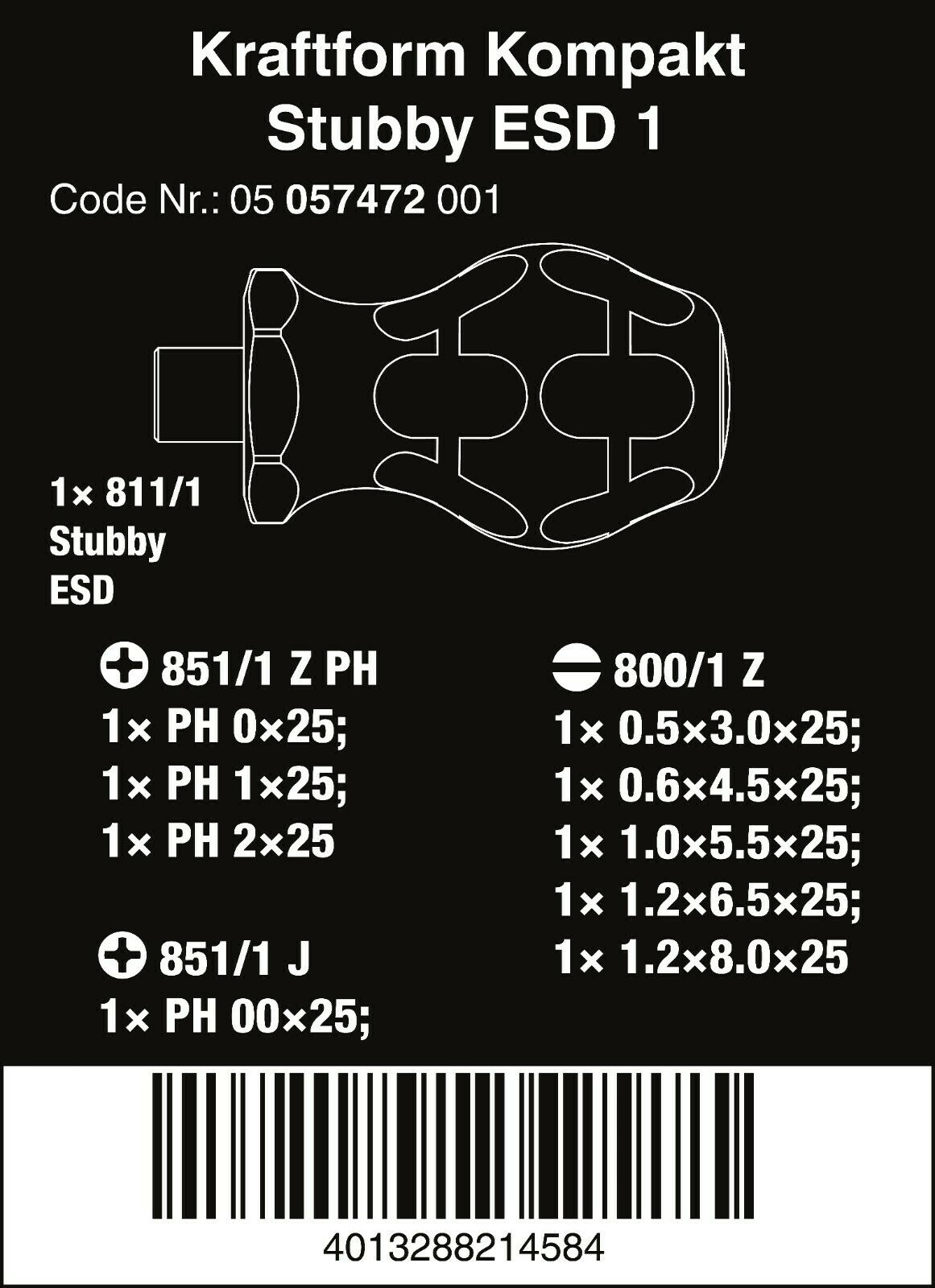 Wera Kraftform Kompakt Stubby ESD 1 Screwdriver Set 10 Piece 05057472001