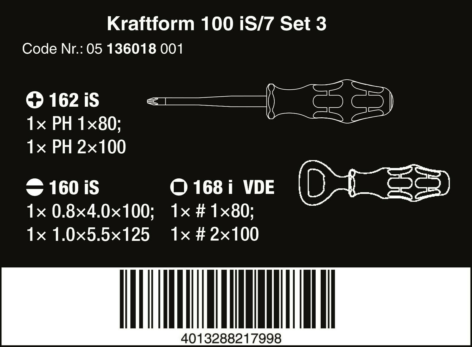 Wera 100 iS/7 VDE Set 3 Kraftform Insulated Screwdriver Set 7 Piece 05136018001