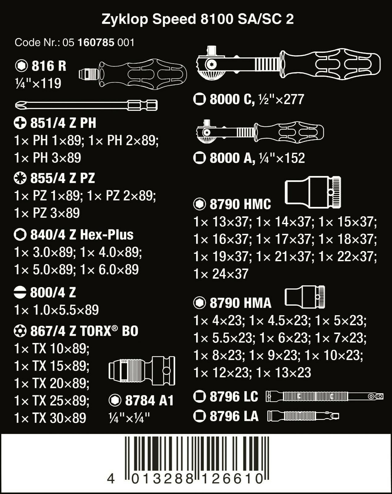 Wera 8100 SA/SC 2 Zyklop Socket Wrench Set 1/4