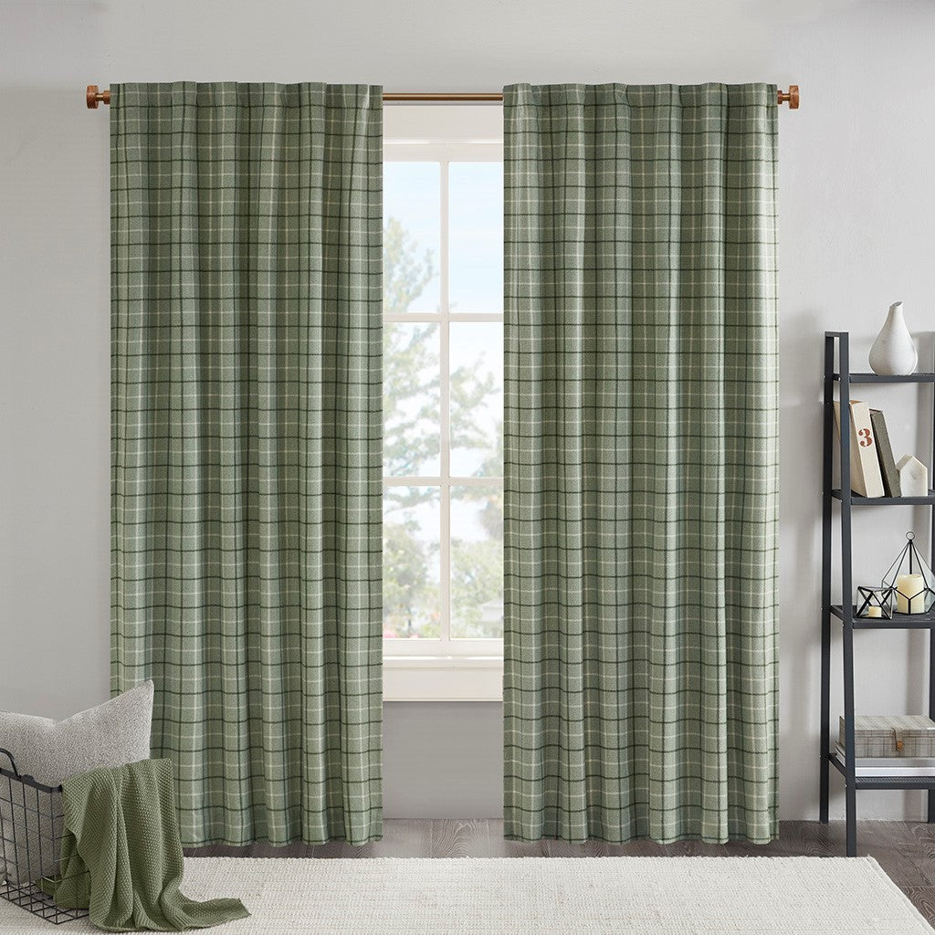 Plaid Rod Pocket and Back Tab Curtain Panel with Fleece Lining Green 50x84