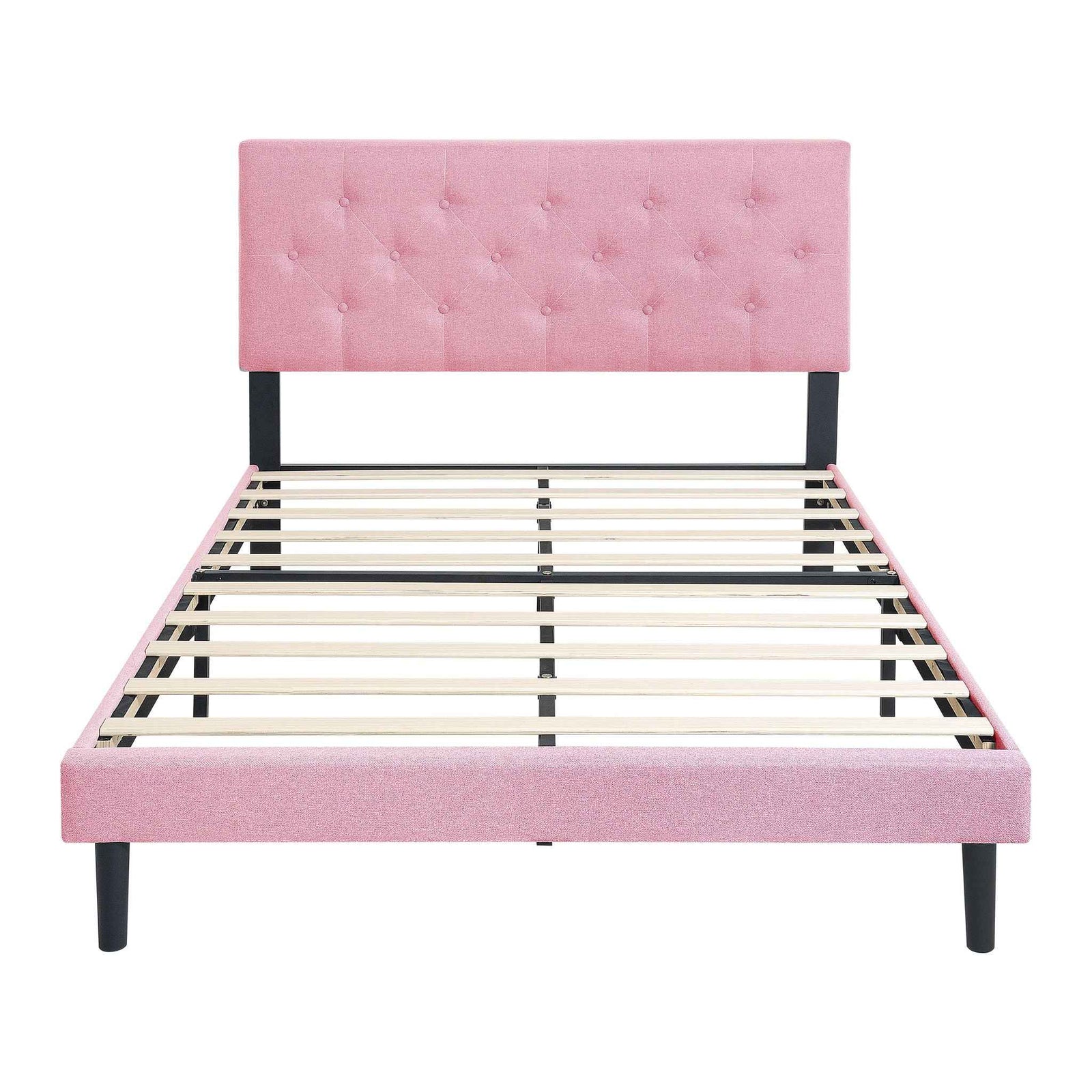 Modern Upholstered Platform Bed Frame With Button Tufted Fabric Headboard