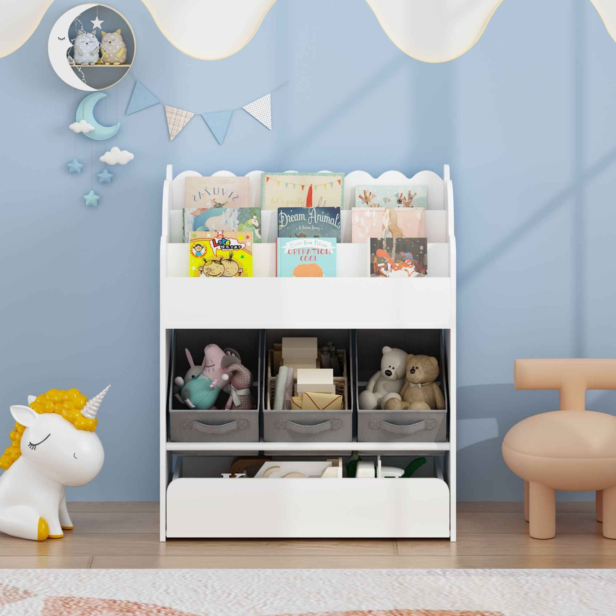 Bookshelf With Storage Bins And Drawer, Multi Functional Book Organizer For Toddlers - White