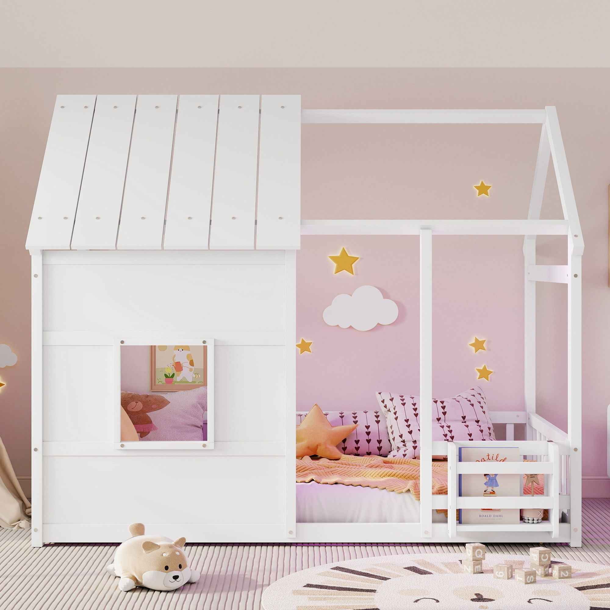 House Floor Bed With 7 Color LED Light, Built In Bookshelf