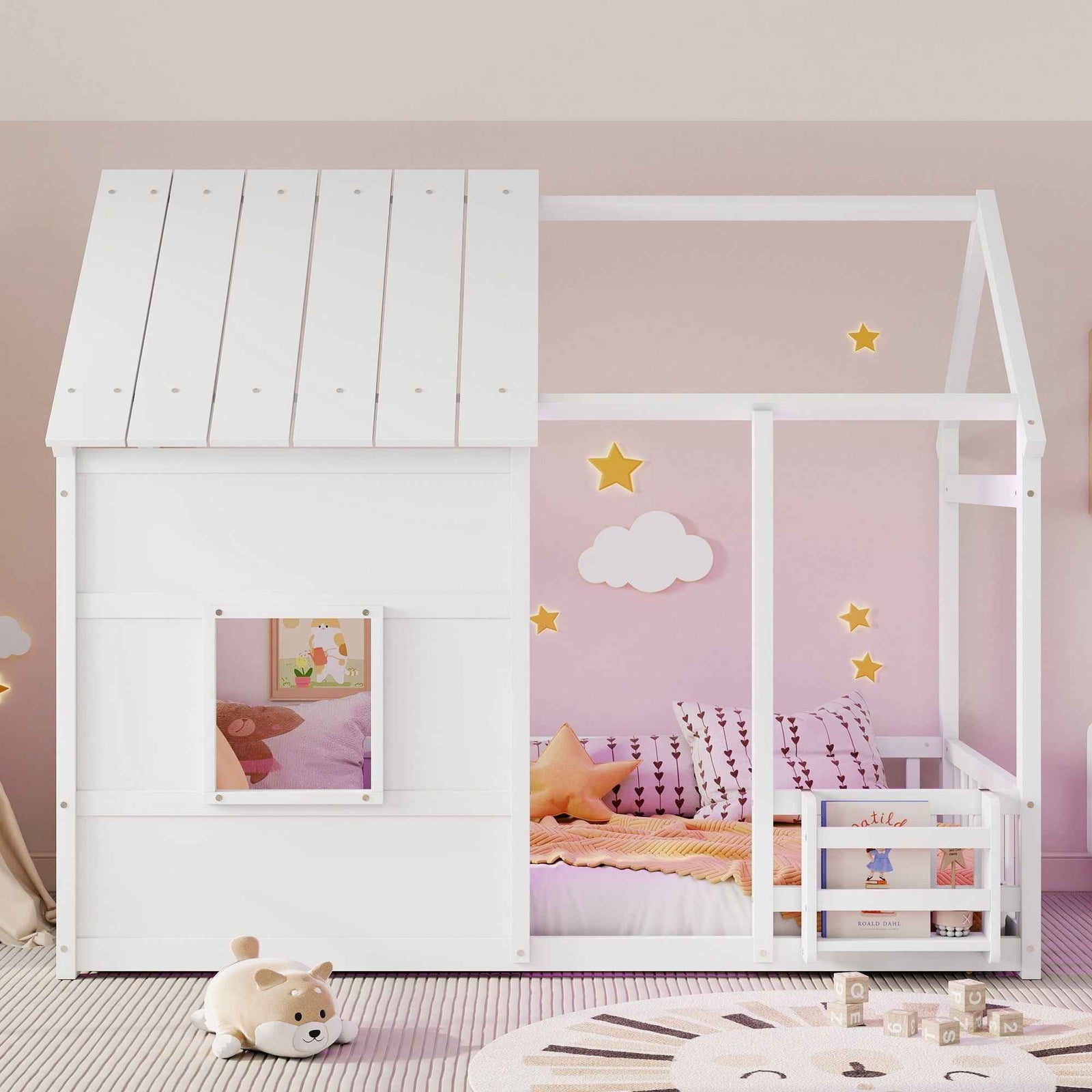 House Floor Bed With 7 Color LED Light, Built In Bookshelf