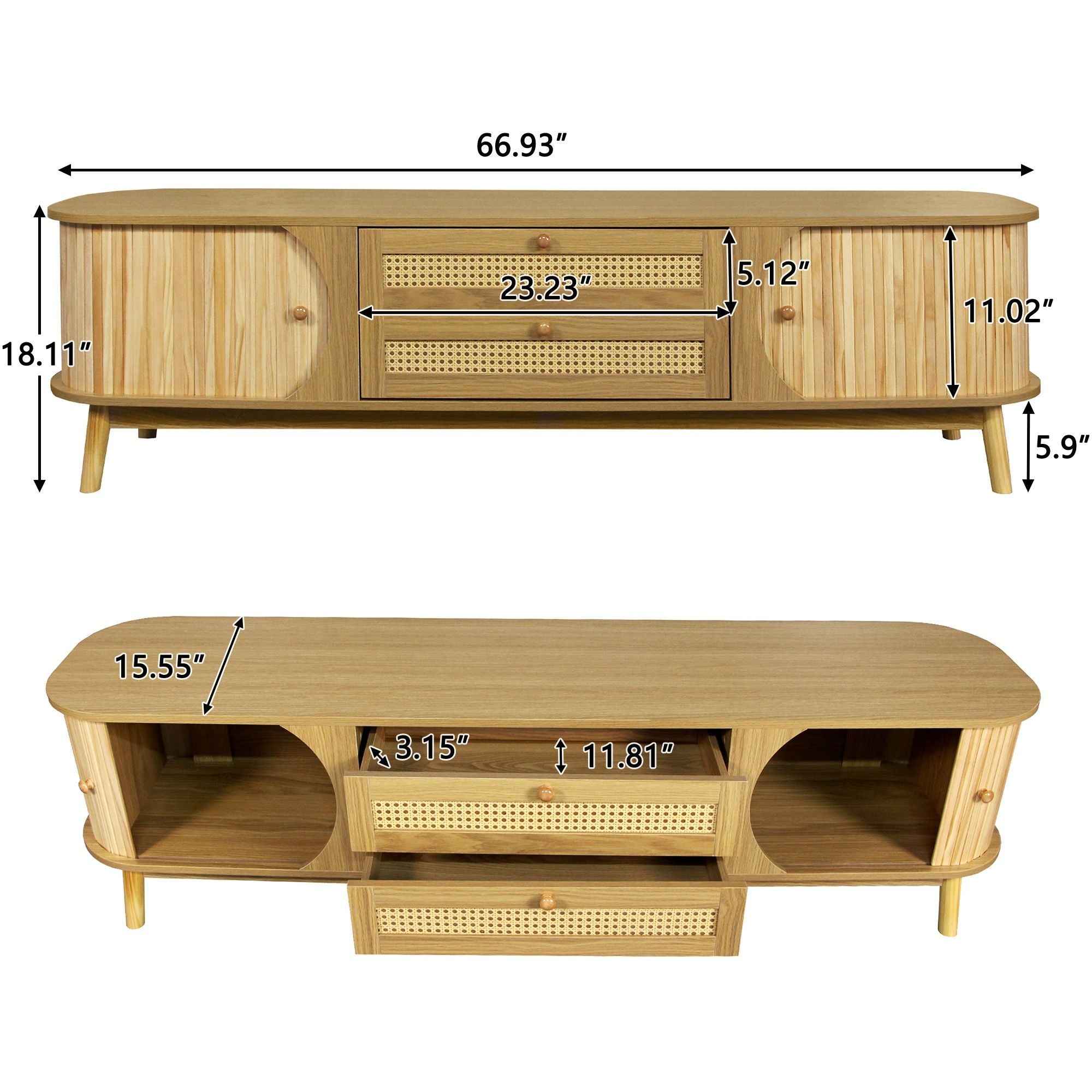 Rattan TV Stand For Tvs Up To 75'', Modern Farmhouse Media Console, Entertainment Center With Legs, TV Cabinet For Living Room, Home Theatre - Natural Wood
