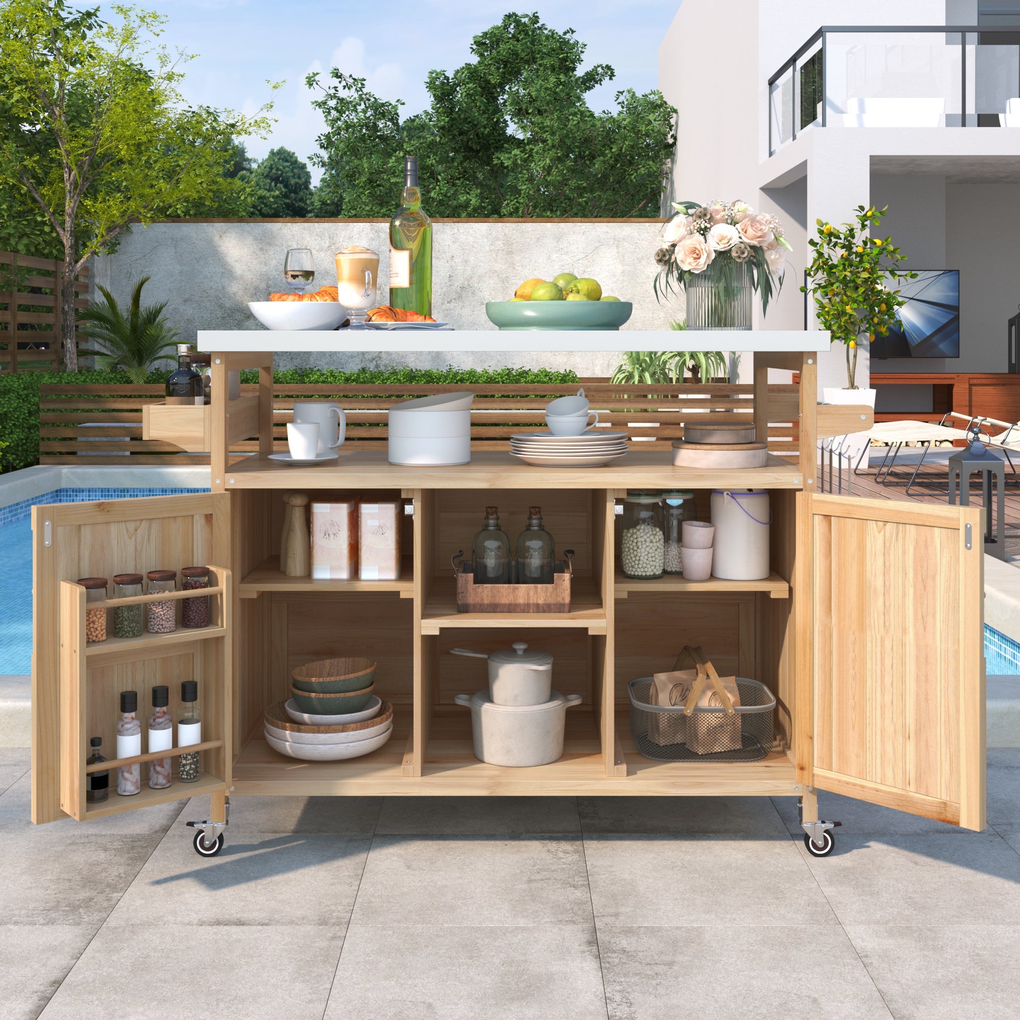 Outdoor Kitchen Island Rolling Bar Cart with Stainless Steel Top - Natural