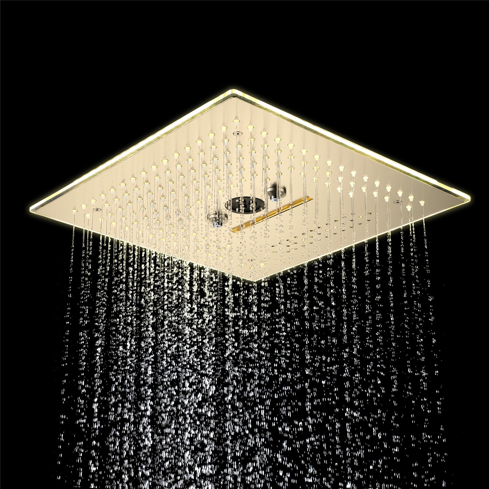 Flushed Mounted Brushed Gold 16'' x 16'' Shower Head: Featuring 64 LED Lights, Music, Rainfall, Waterfall, Mist, 360 Degrees Rotation, and Hydro Jet Technology