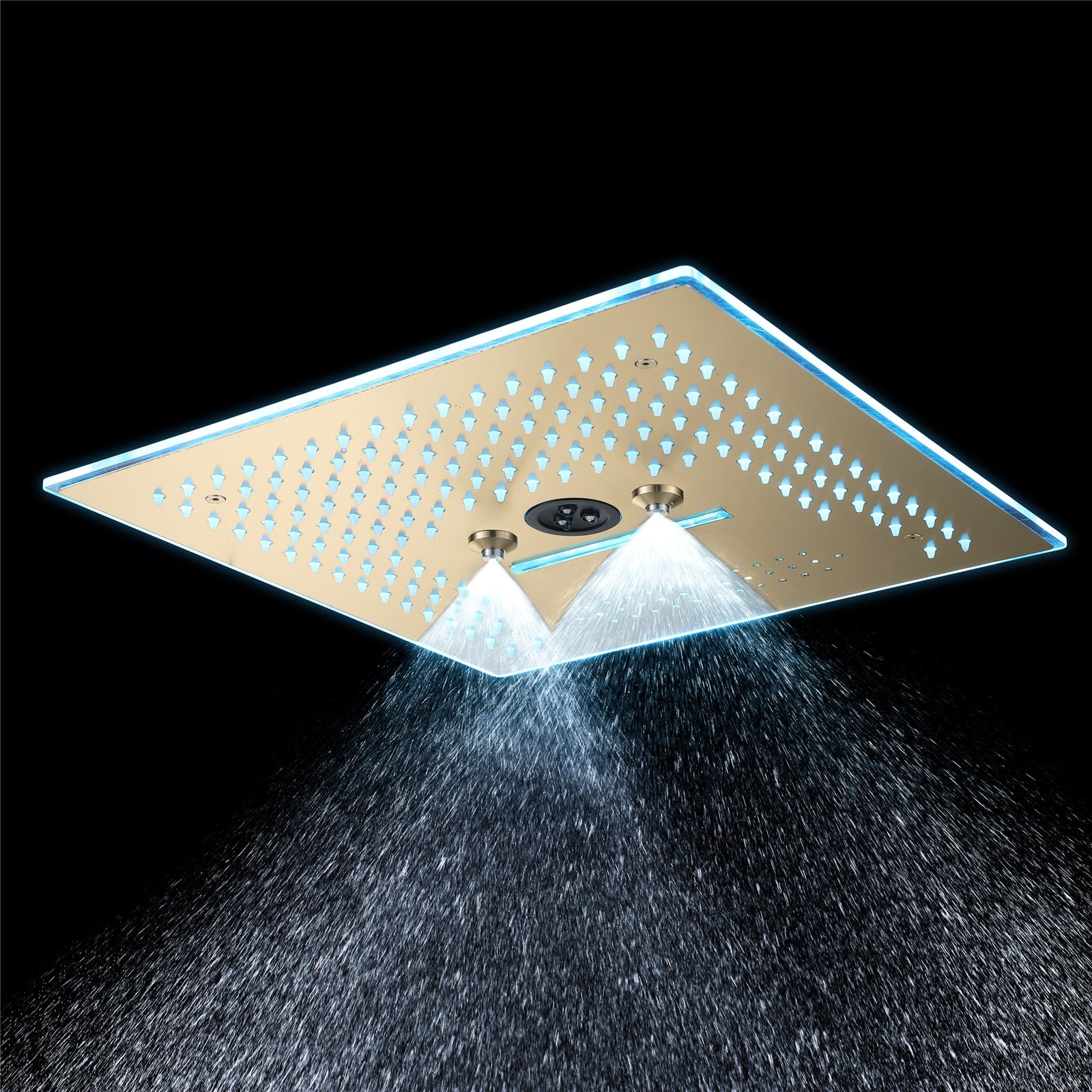Flushed Mounted Brushed Gold 16'' x 16'' Shower Head: Featuring 64 LED Lights, Music, Rainfall, Waterfall, Mist, 360 Degrees Rotation, and Hydro Jet Technology