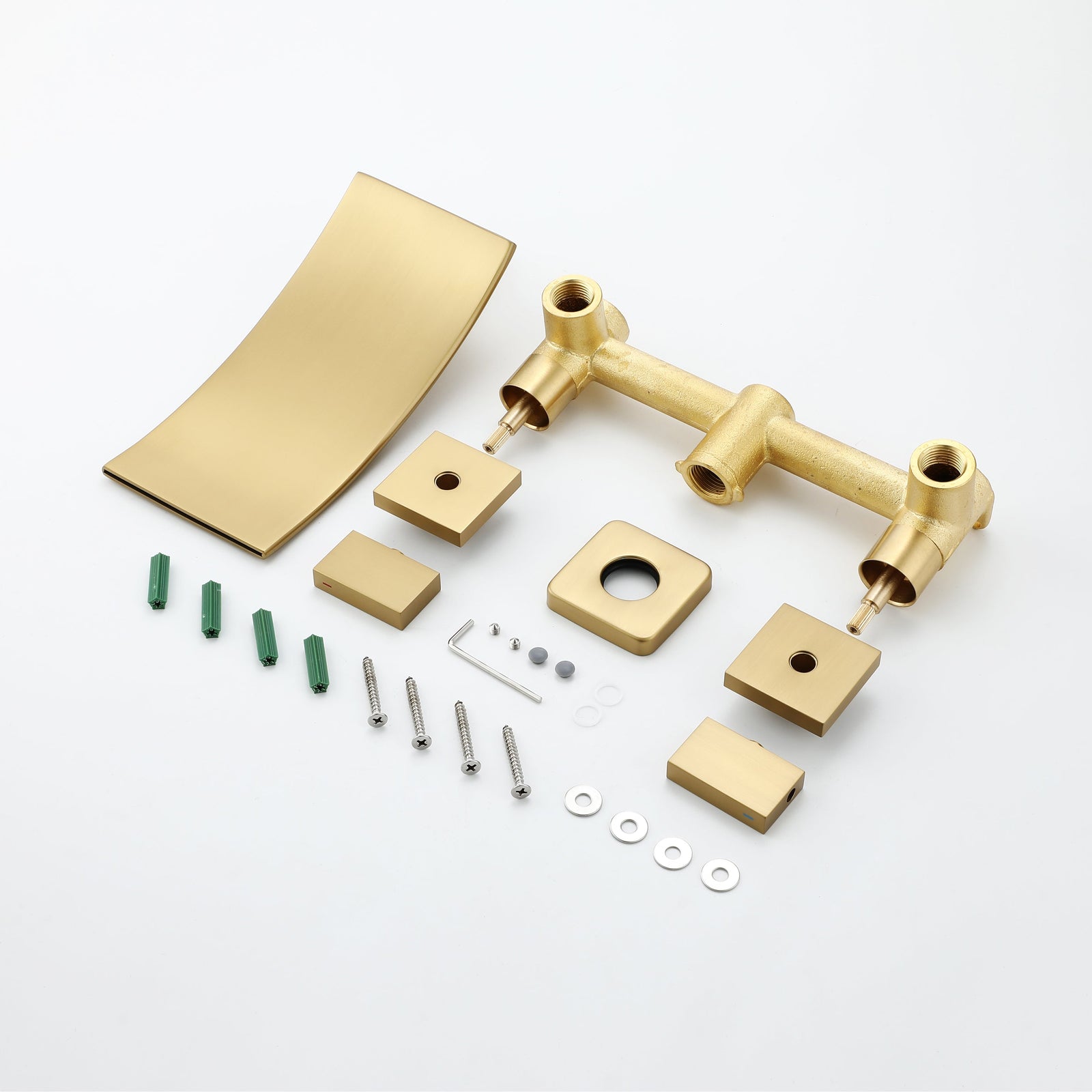 Brushed Gold Wall Mount Waterfall Bathroom Sink Faucet with Overflow Brass Pop-Up Drain