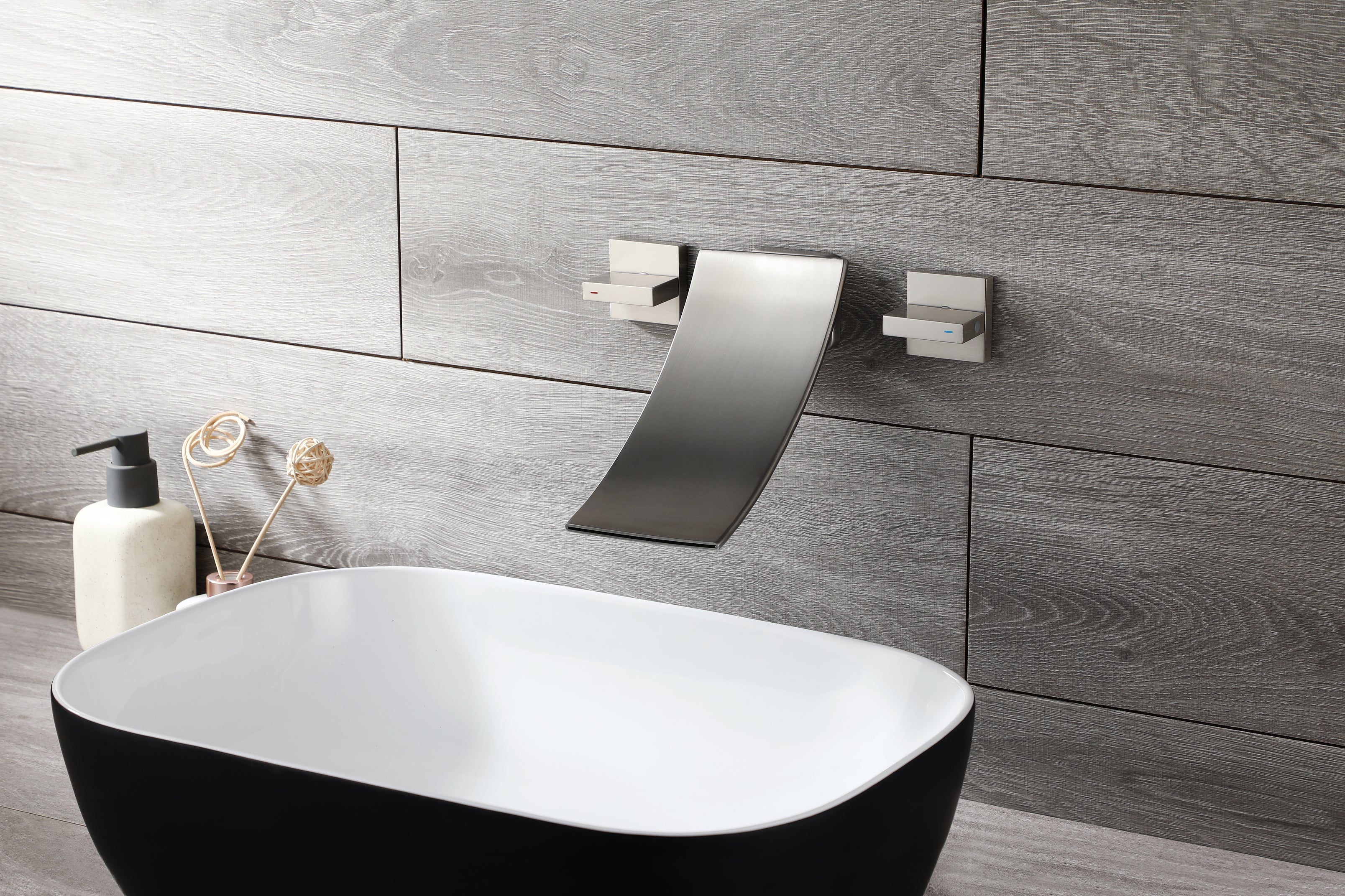 Brushed Nickel Wall Mount Waterfall Bathroom Sink Faucet with Overflow Brass Pop-Up Drain