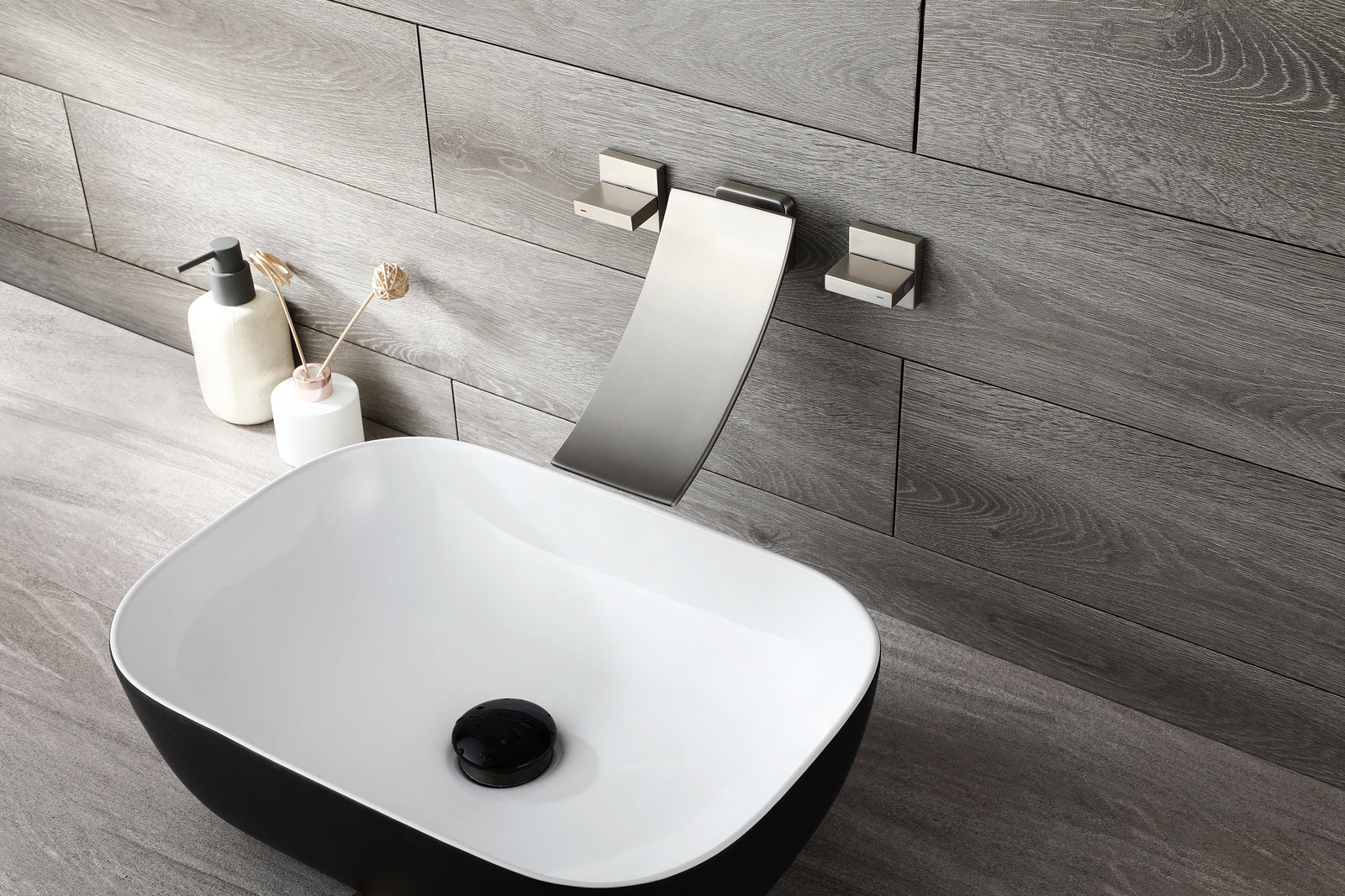 Brushed Nickel Wall Mount Waterfall Bathroom Sink Faucet with Overflow Brass Pop-Up Drain