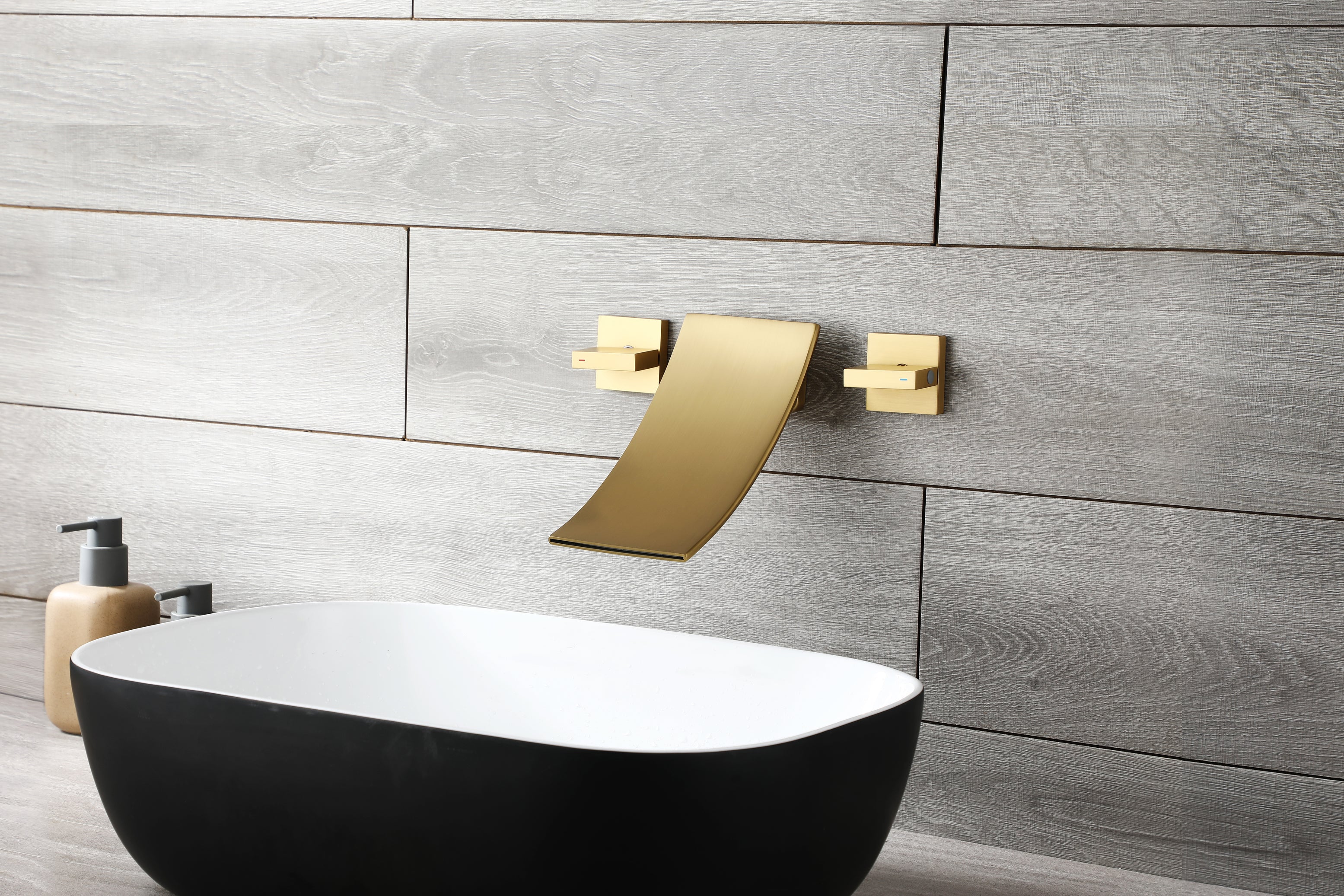 Brushed Gold Wall Mount Waterfall Bathroom Sink Faucet with Overflow Brass Pop-Up Drain