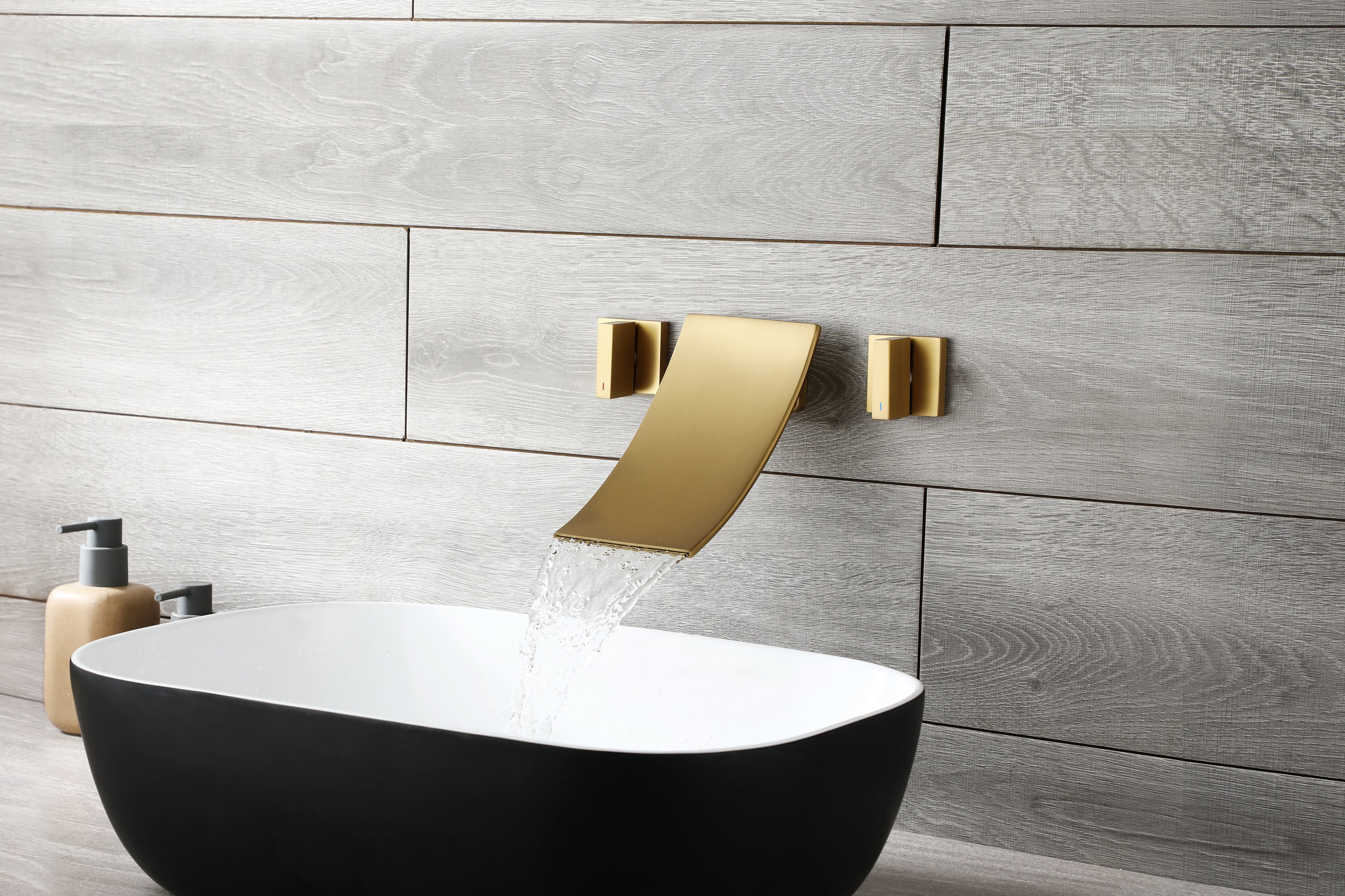 Brushed Gold Wall Mount Waterfall Bathroom Sink Faucet with Overflow Brass Pop-Up Drain