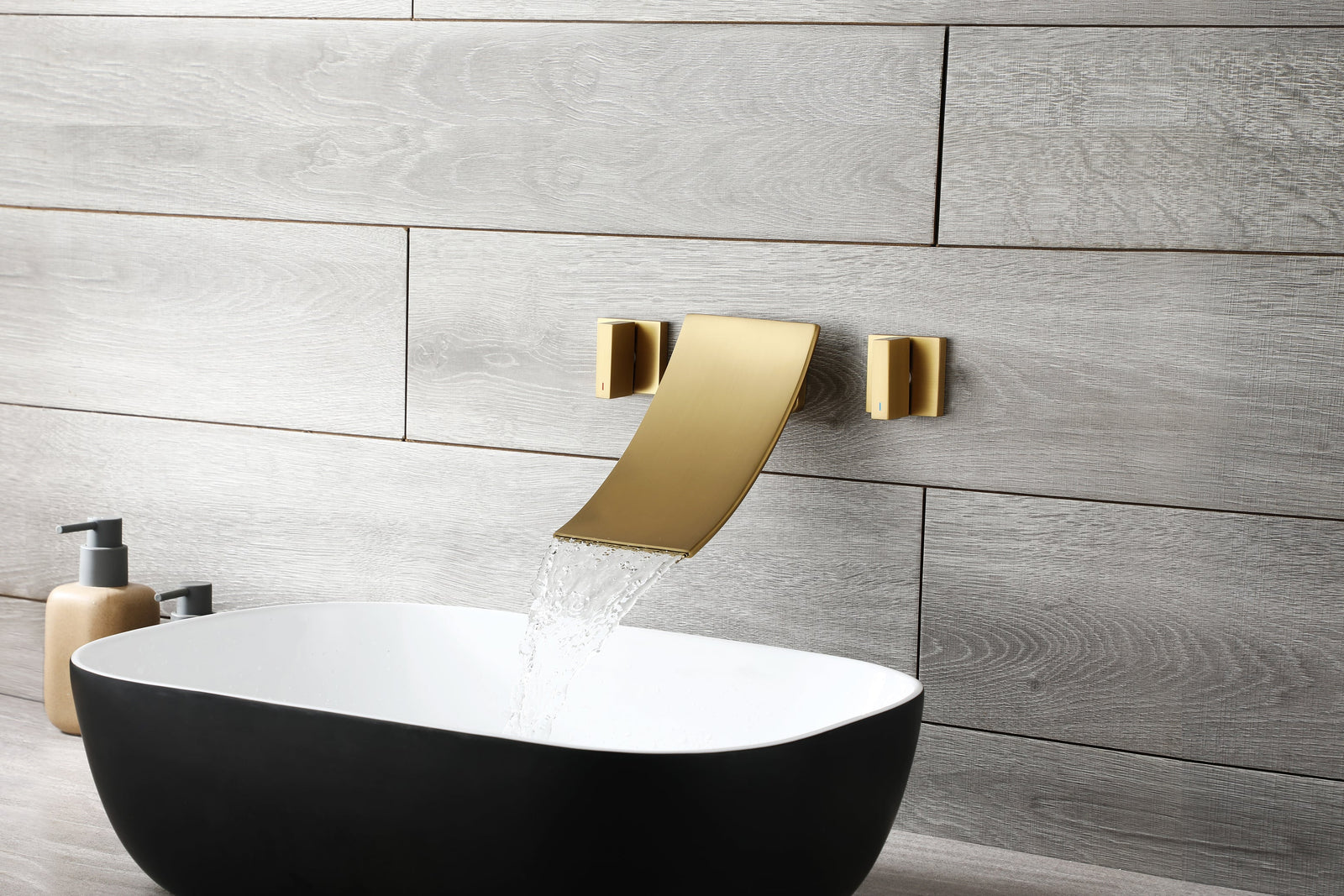 Brushed Gold Wall Mount Waterfall Bathroom Sink Faucet with Overflow Brass Pop-Up Drain