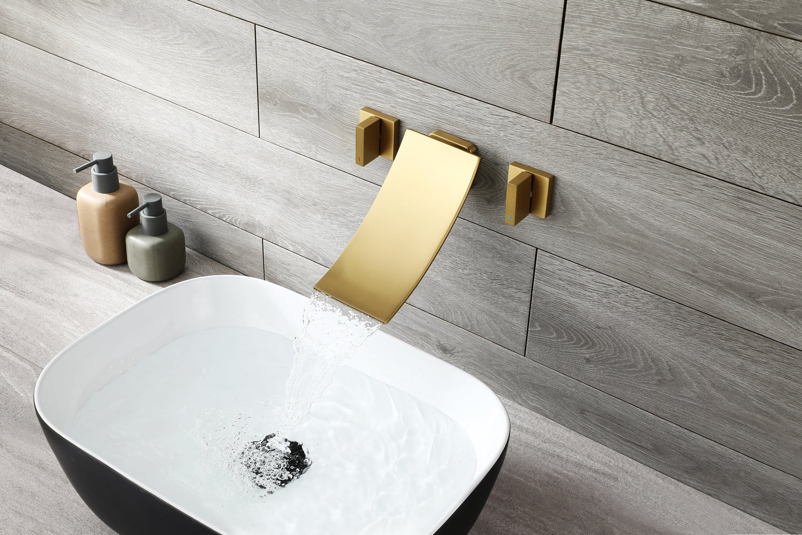 Brushed Gold Wall Mount Waterfall Bathroom Sink Faucet with Overflow Brass Pop-Up Drain