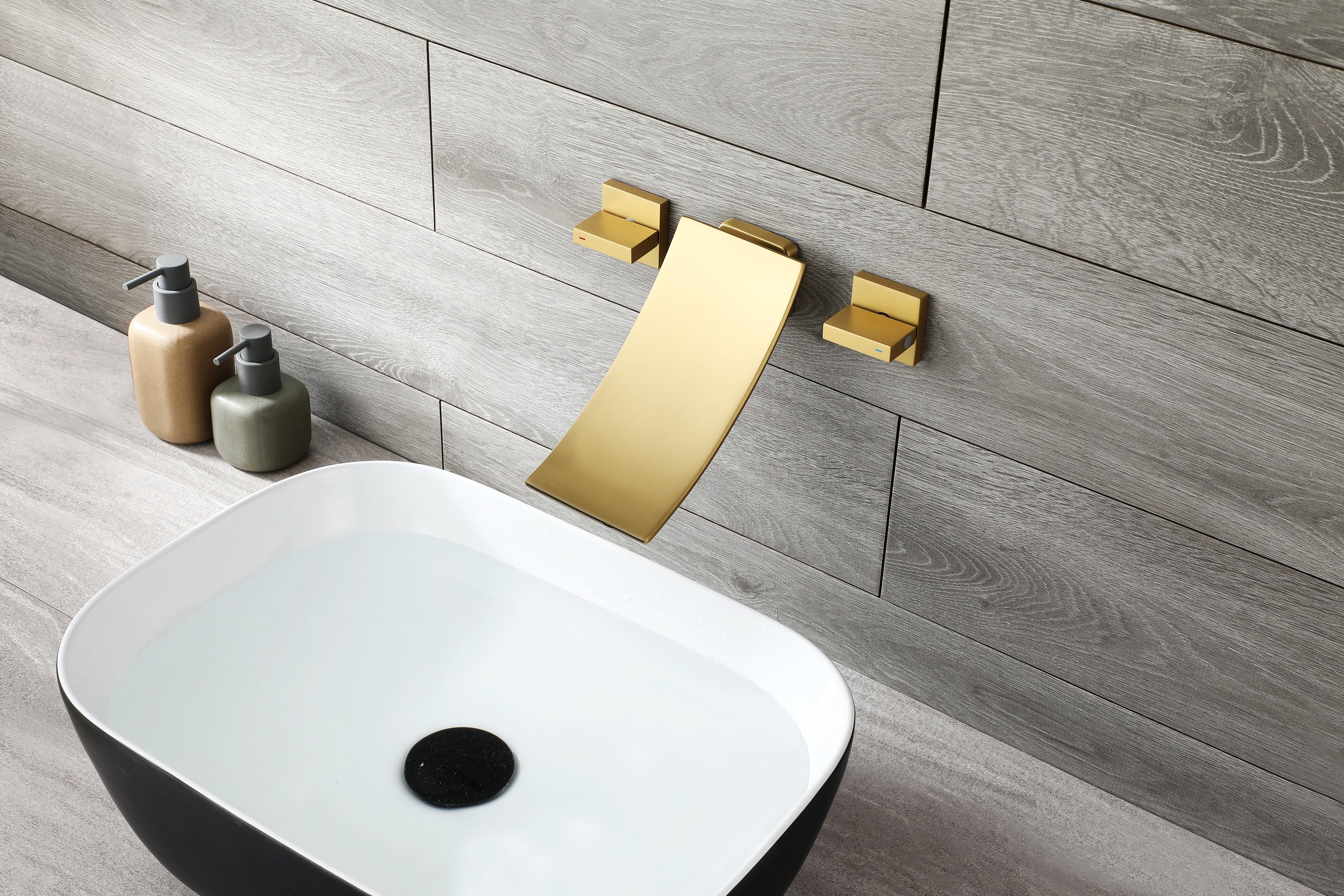 Brushed Gold Wall Mount Waterfall Bathroom Sink Faucet with Overflow Brass Pop-Up Drain