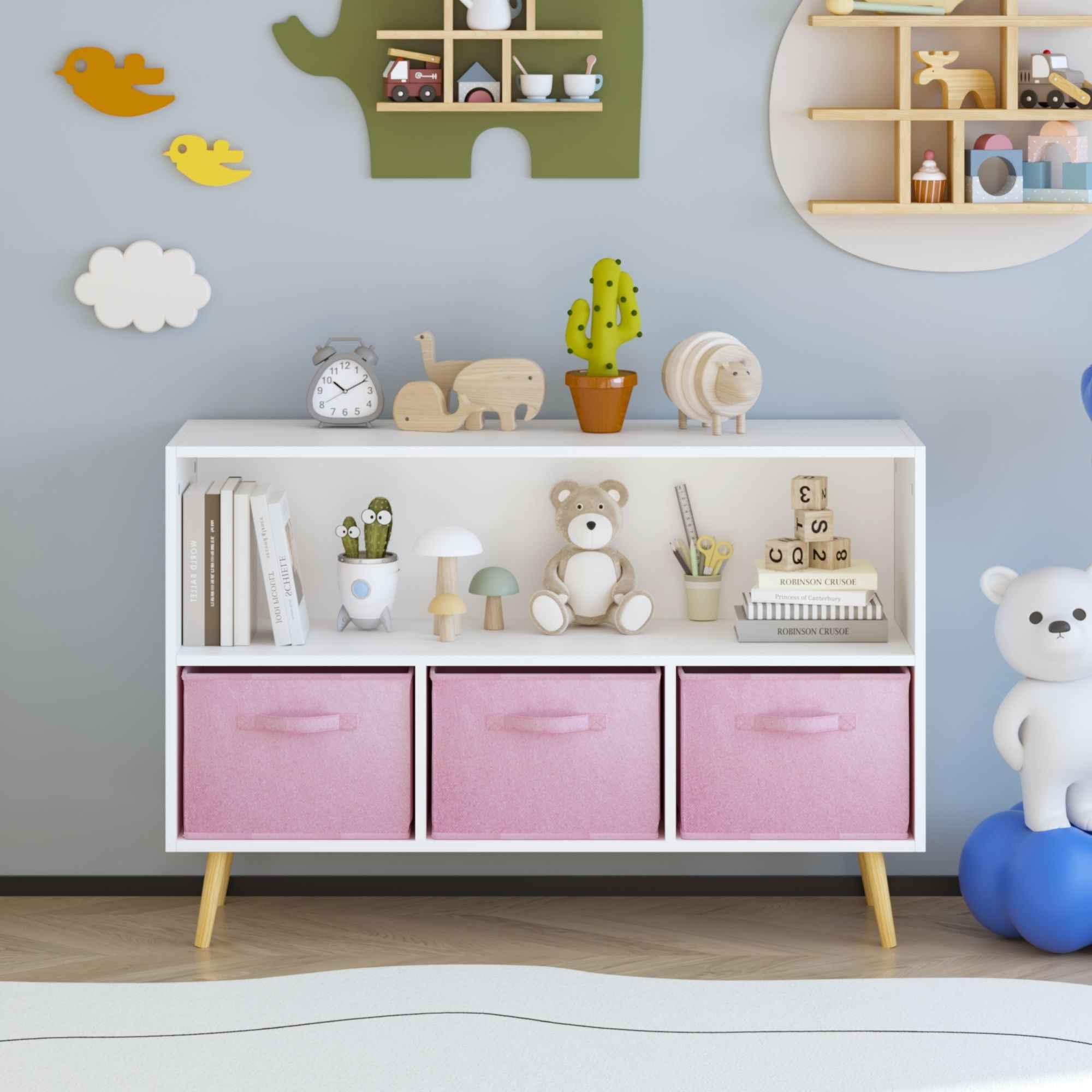 Bookcase With Collapsible Drawers, Book Display Organizer