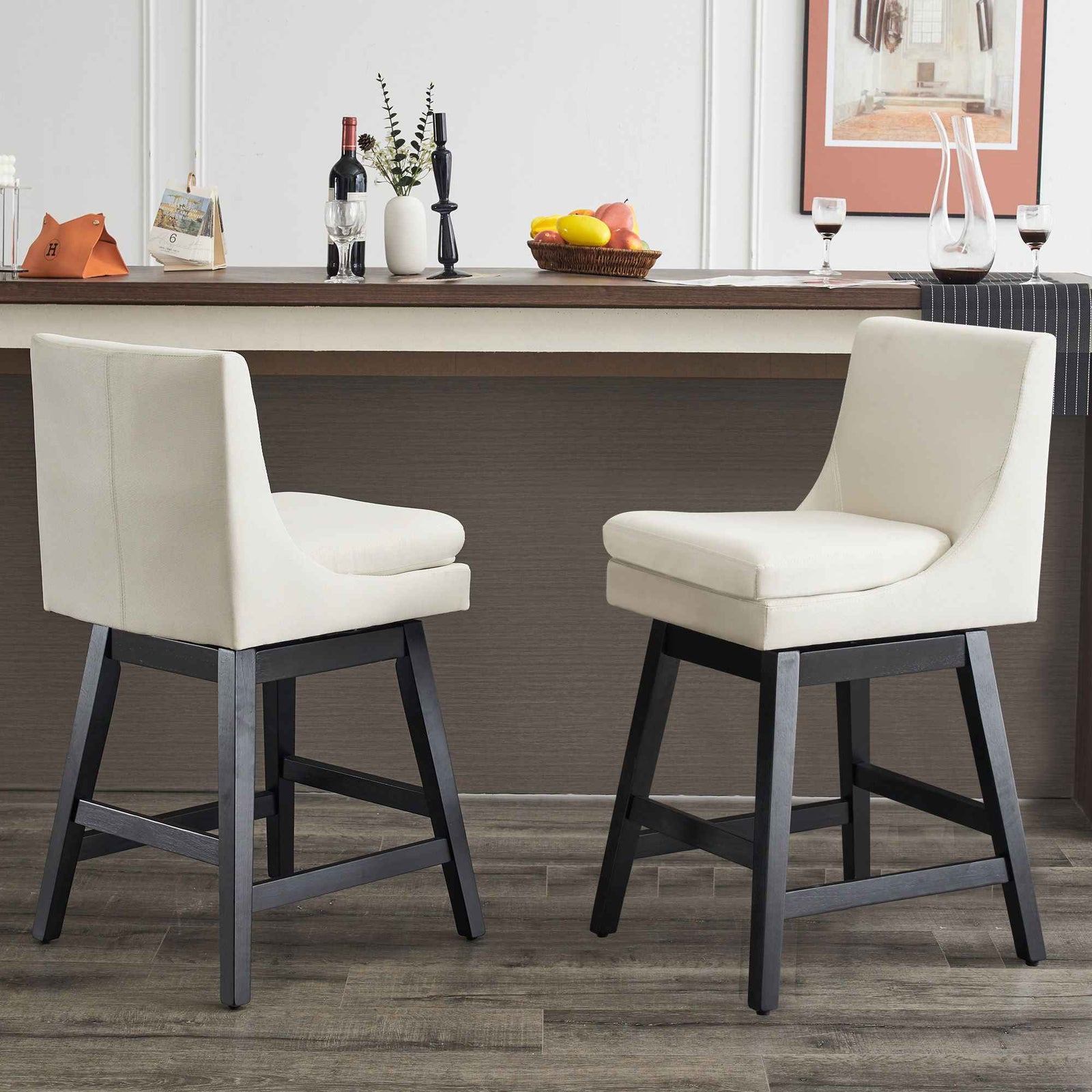 Upholstered Swivel Bar Stools With Ergonomic Design (Set of 2) - Cream White