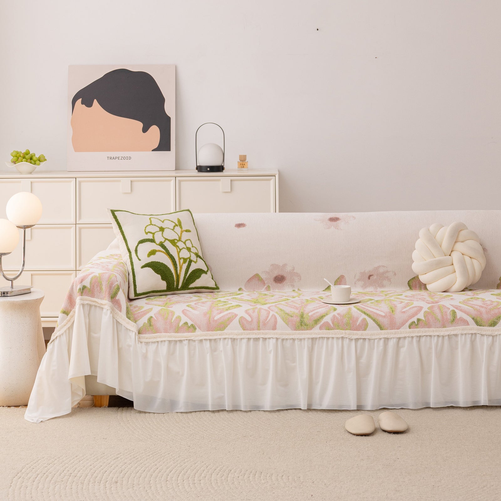 Botanical Sofa Cover with Chiffon Skirt, Floral Couch Throw Blanket for All-Season