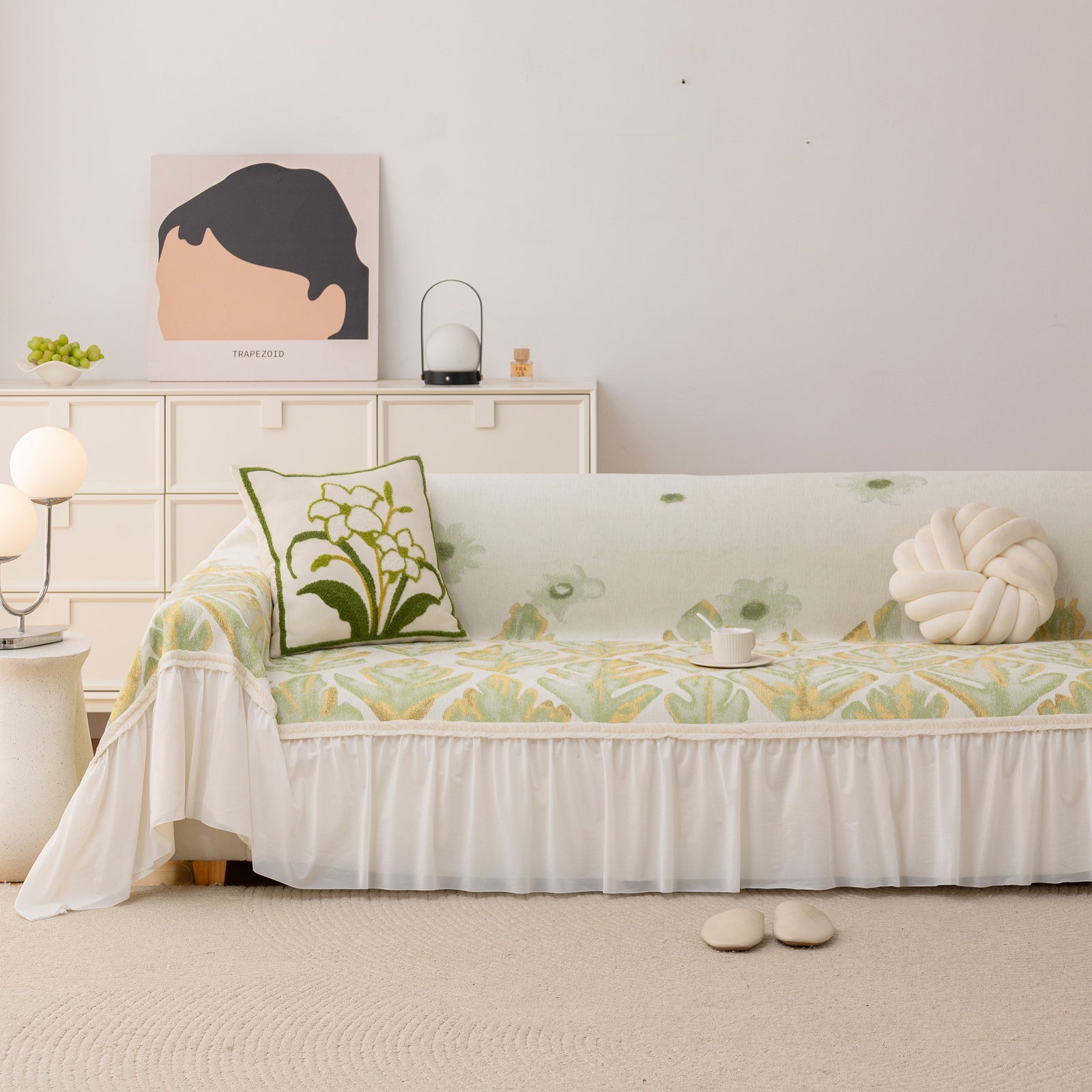 Botanical Sofa Cover with Chiffon Skirt, Floral Couch Throw Blanket for All-Season