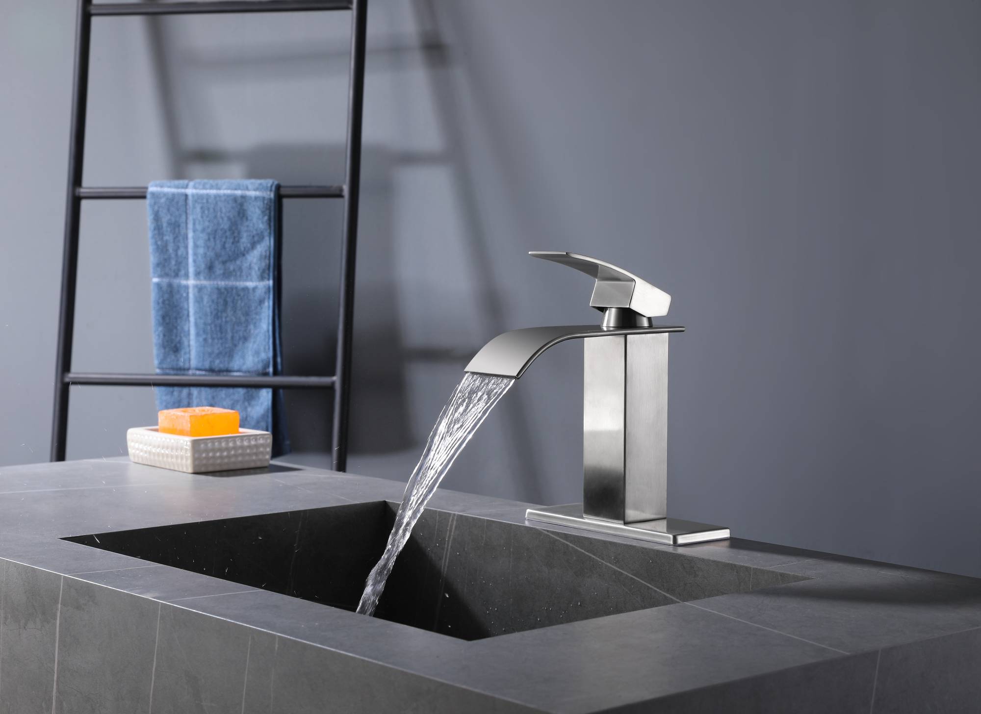 Brushed nickel or matte black or brushed gold waterfall Bathroom Faucet brass with plate and brass pop up drain