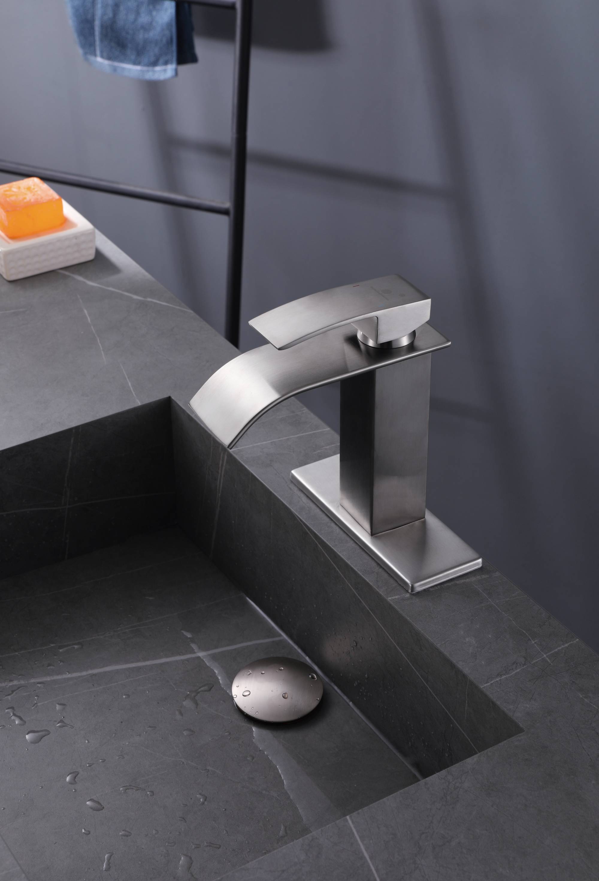 Brushed nickel or matte black or brushed gold waterfall Bathroom Faucet brass with plate and brass pop up drain