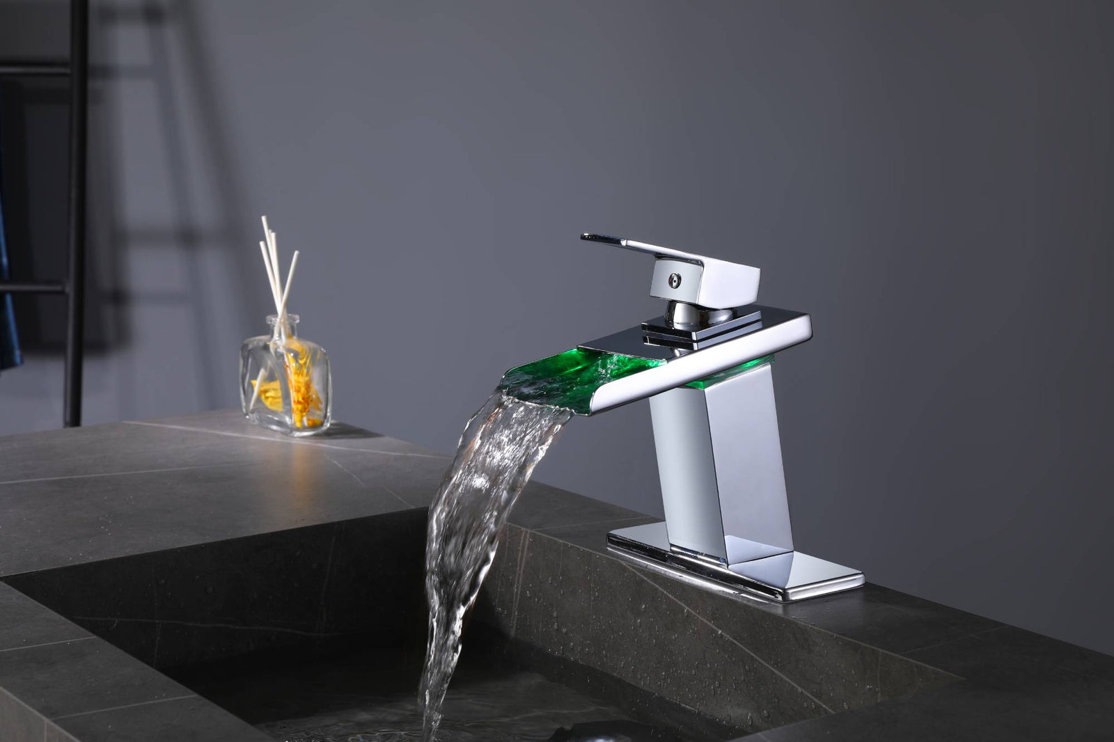 Chrome waterfall 3 LED light single handle brass bathroom faucet with pop up brass drain