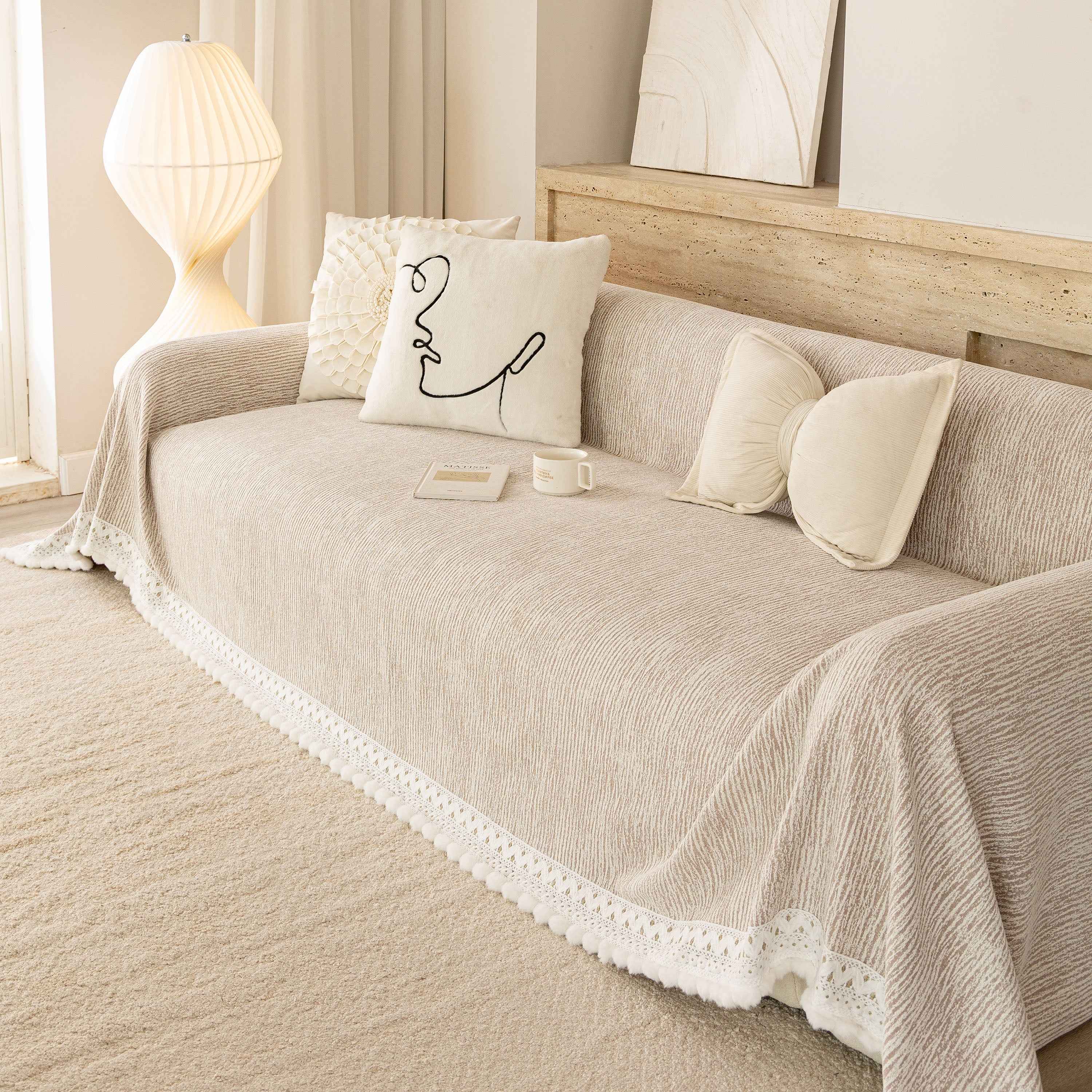 Sofa Cover Throw with Lace Trim & Pom-Pom Fringe, Decorative Couch Cover Blanket