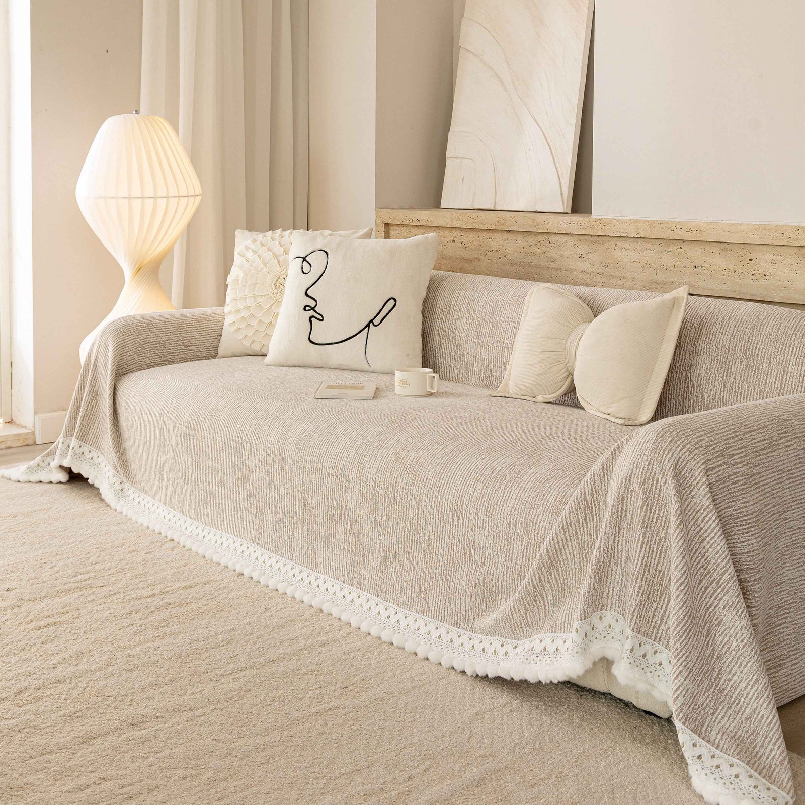 Sofa Cover Throw with Lace Trim & Pom-Pom Fringe, Decorative Couch Cover Blanket