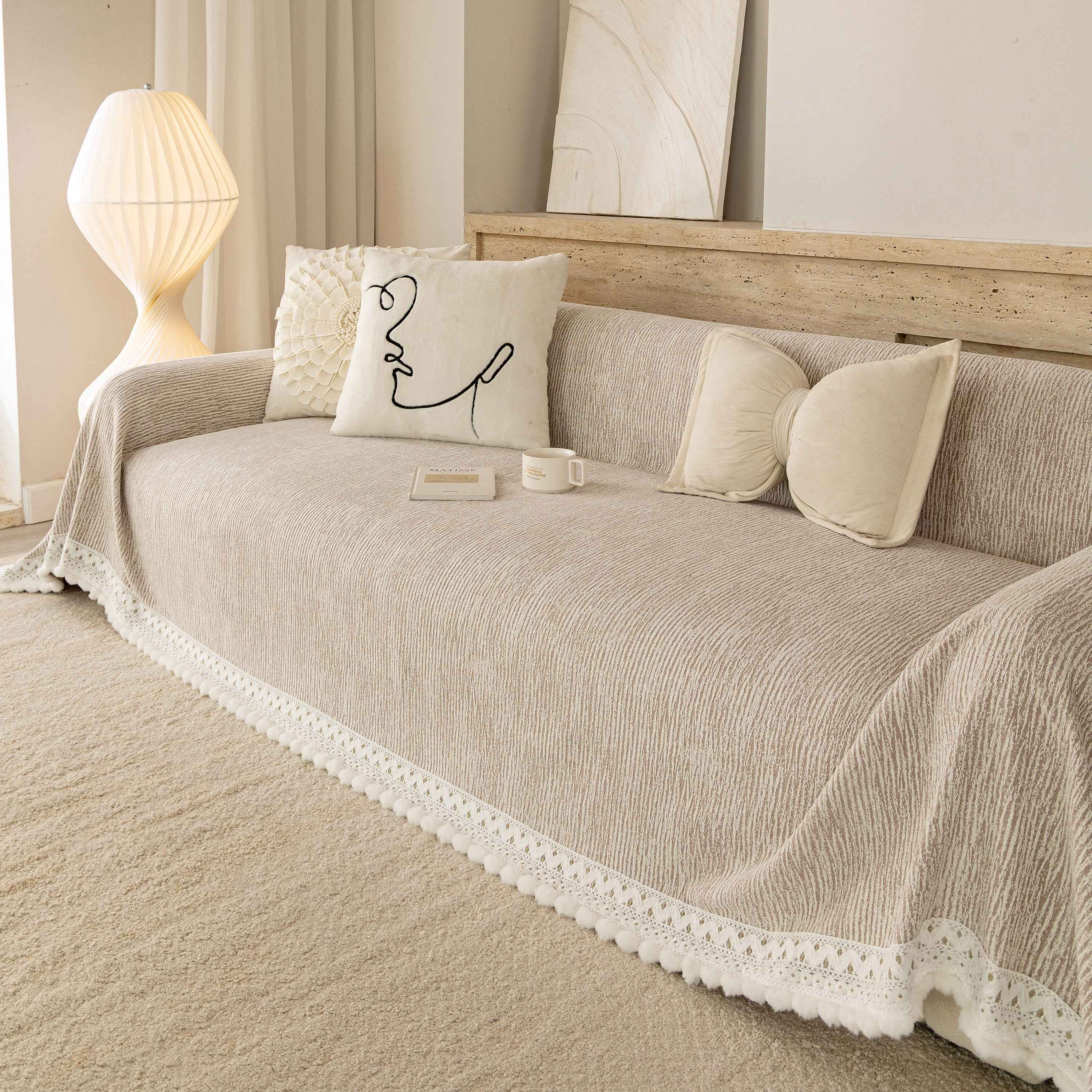 Sofa Cover Throw with Lace Trim & Pom-Pom Fringe, Decorative Couch Cover Blanket