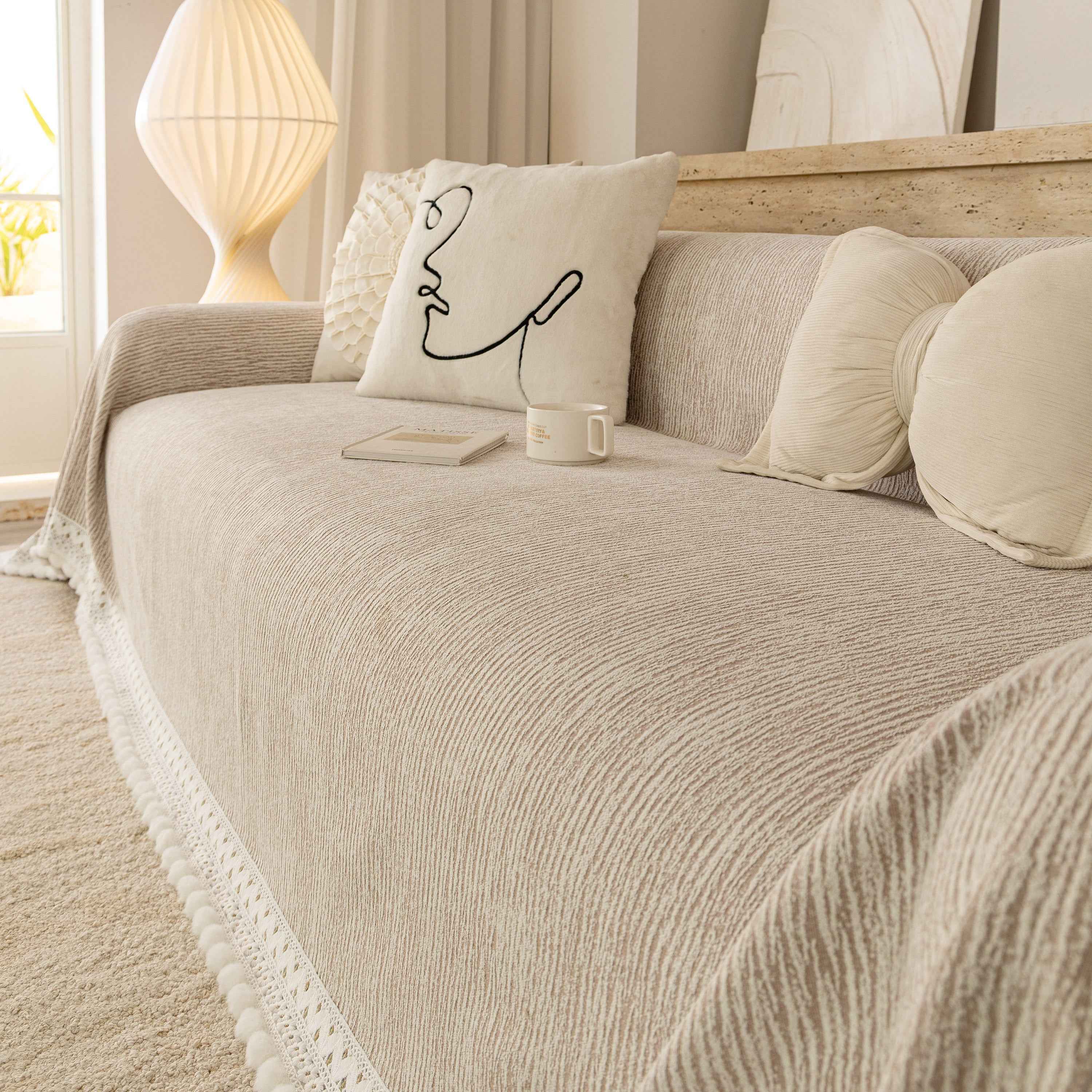 Sofa Cover Throw with Lace Trim & Pom-Pom Fringe, Decorative Couch Cover Blanket
