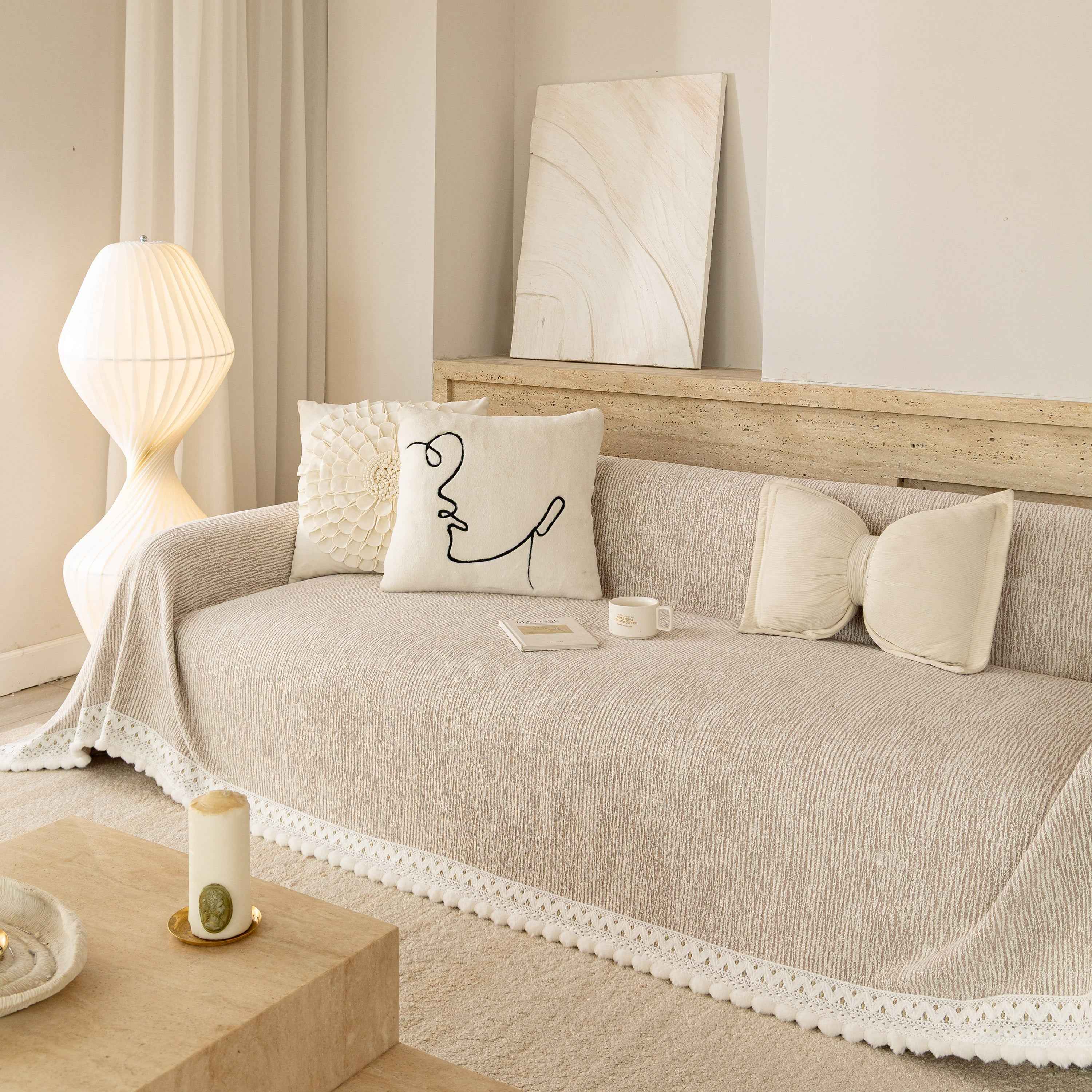 Sofa Cover Throw with Lace Trim & Pom-Pom Fringe, Decorative Couch Cover Blanket