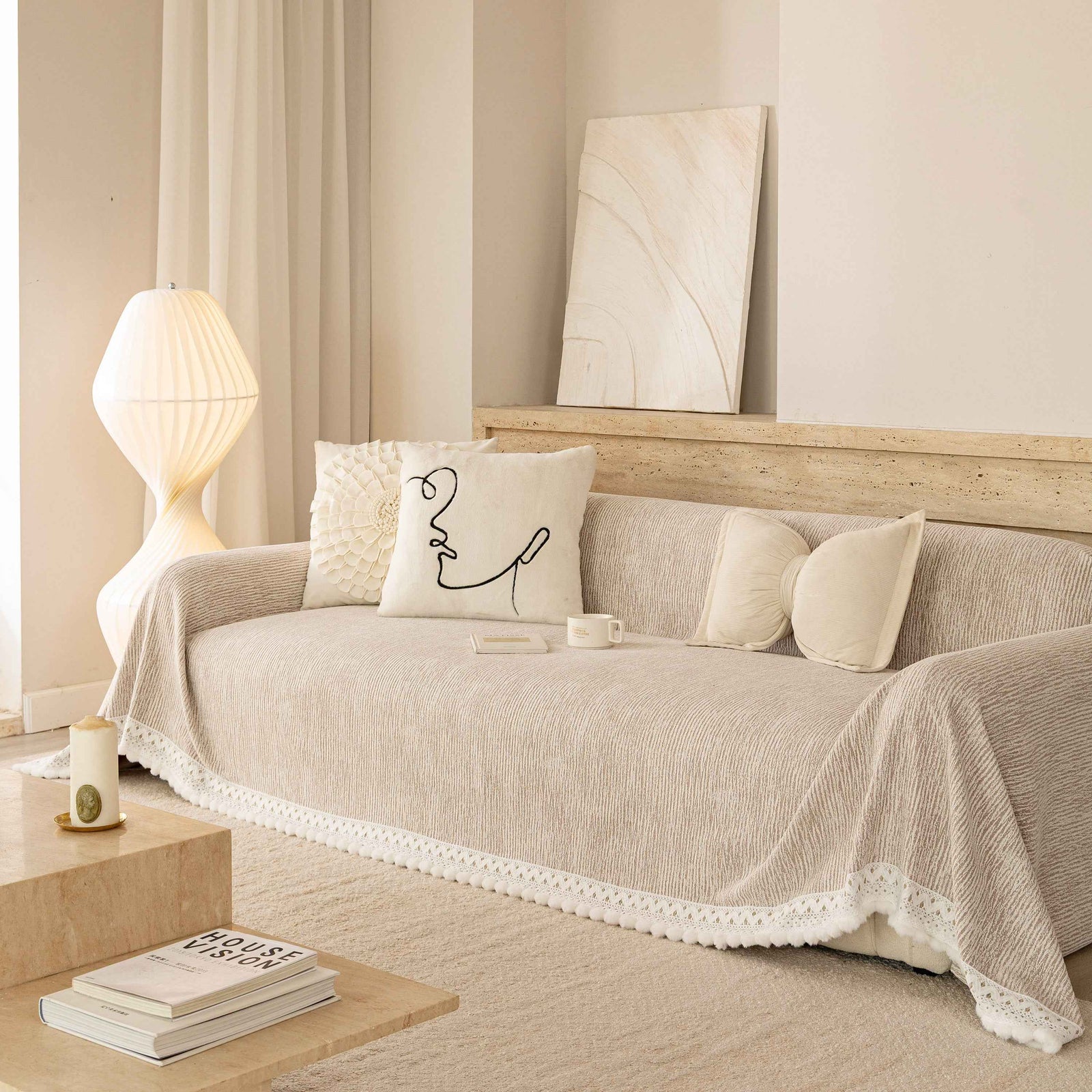Sofa Cover Throw with Lace Trim & Pom-Pom Fringe, Decorative Couch Cover Blanket