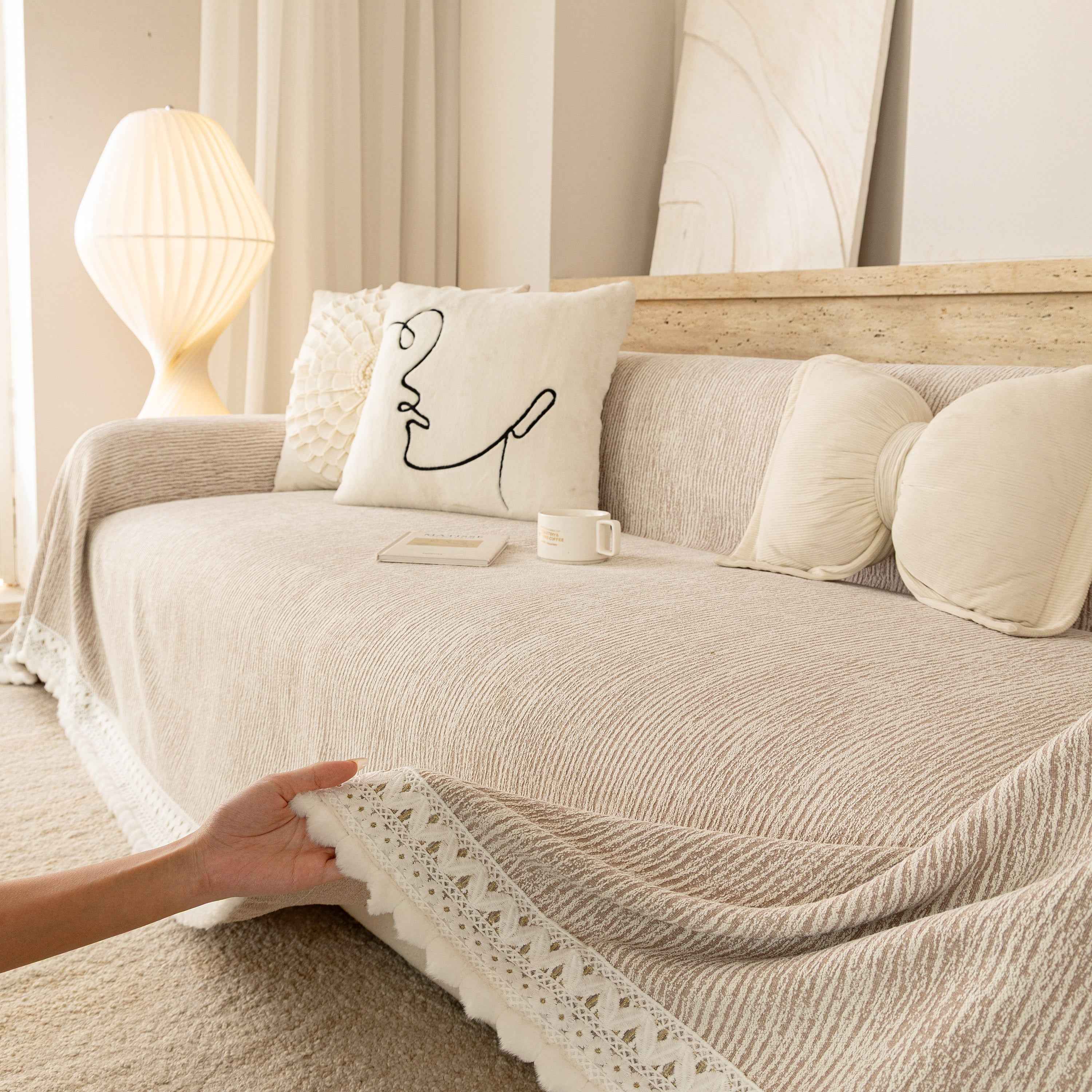 Sofa Cover Throw with Lace Trim & Pom-Pom Fringe, Decorative Couch Cover Blanket