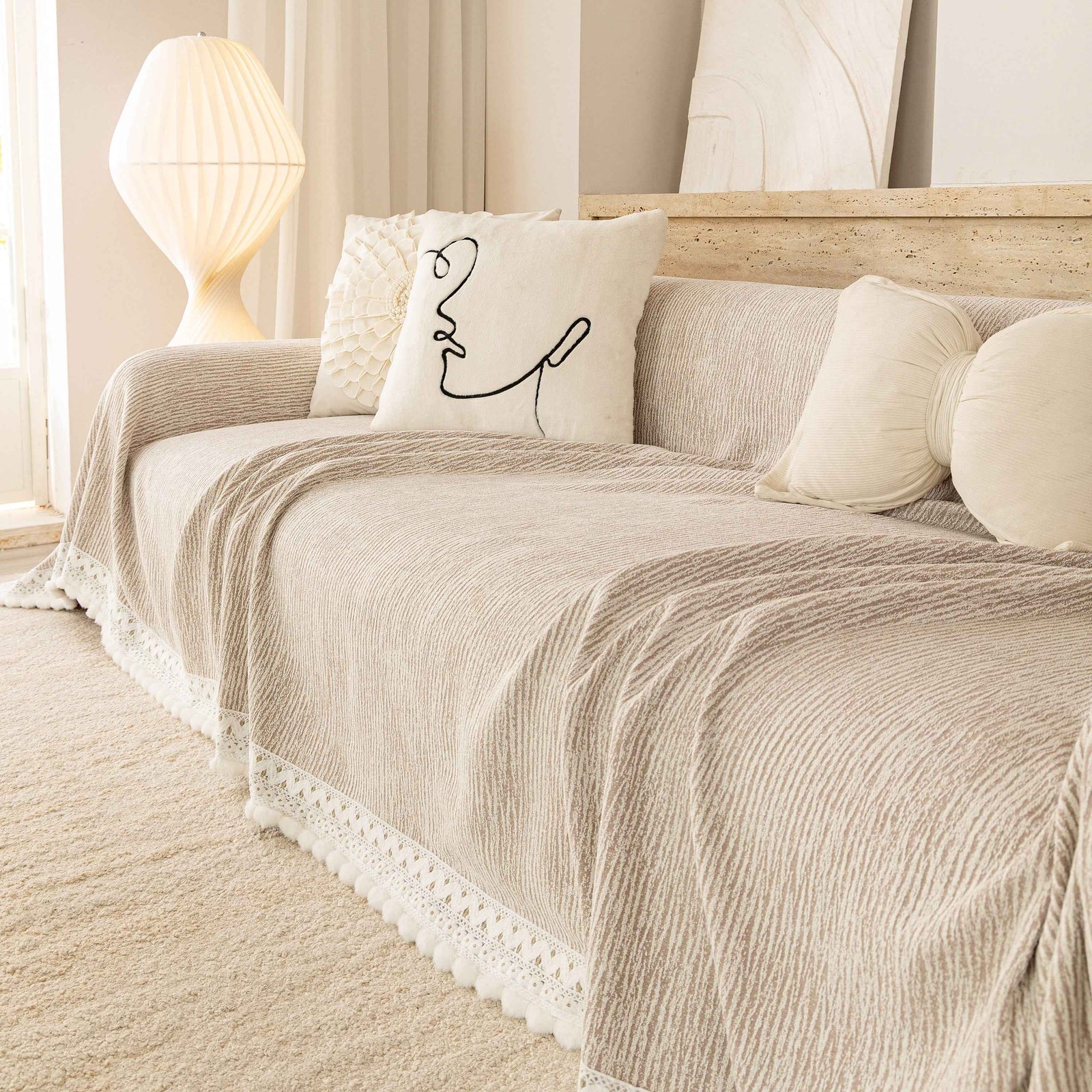 Sofa Cover Throw with Lace Trim & Pom-Pom Fringe, Decorative Couch Cover Blanket