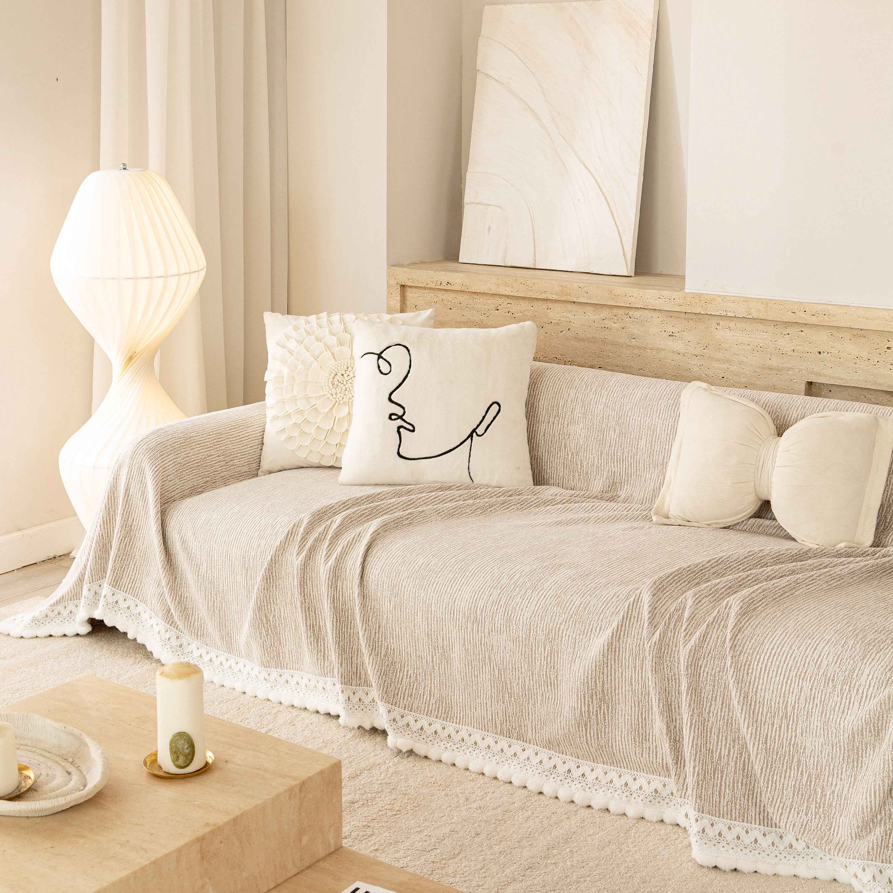Sofa Cover Throw with Lace Trim & Pom-Pom Fringe, Decorative Couch Cover Blanket