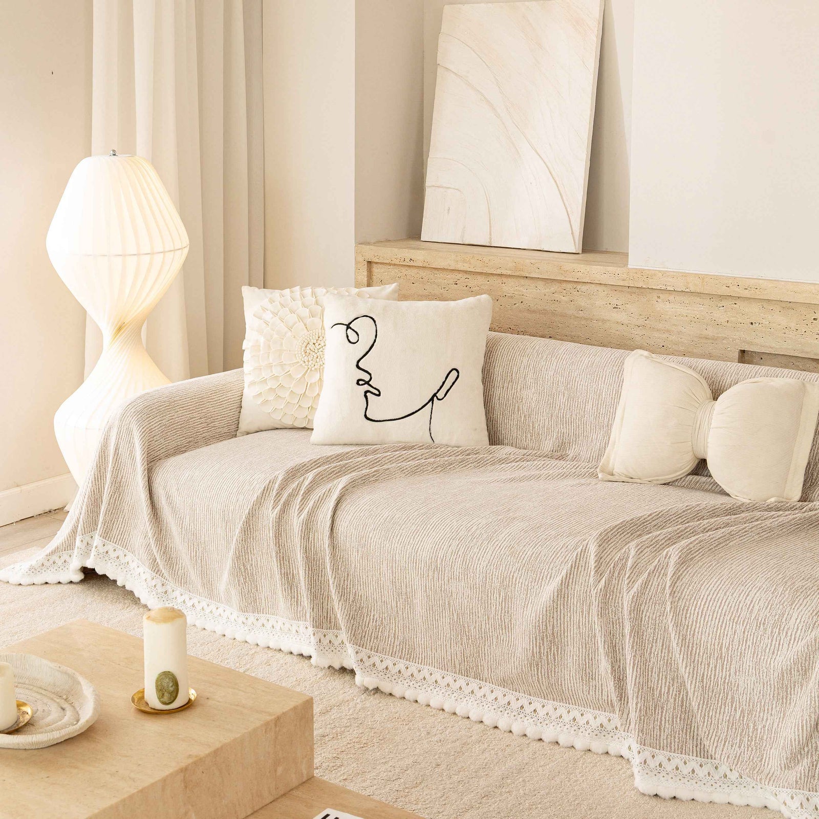 Sofa Cover Throw with Lace Trim & Pom-Pom Fringe, Decorative Couch Cover Blanket