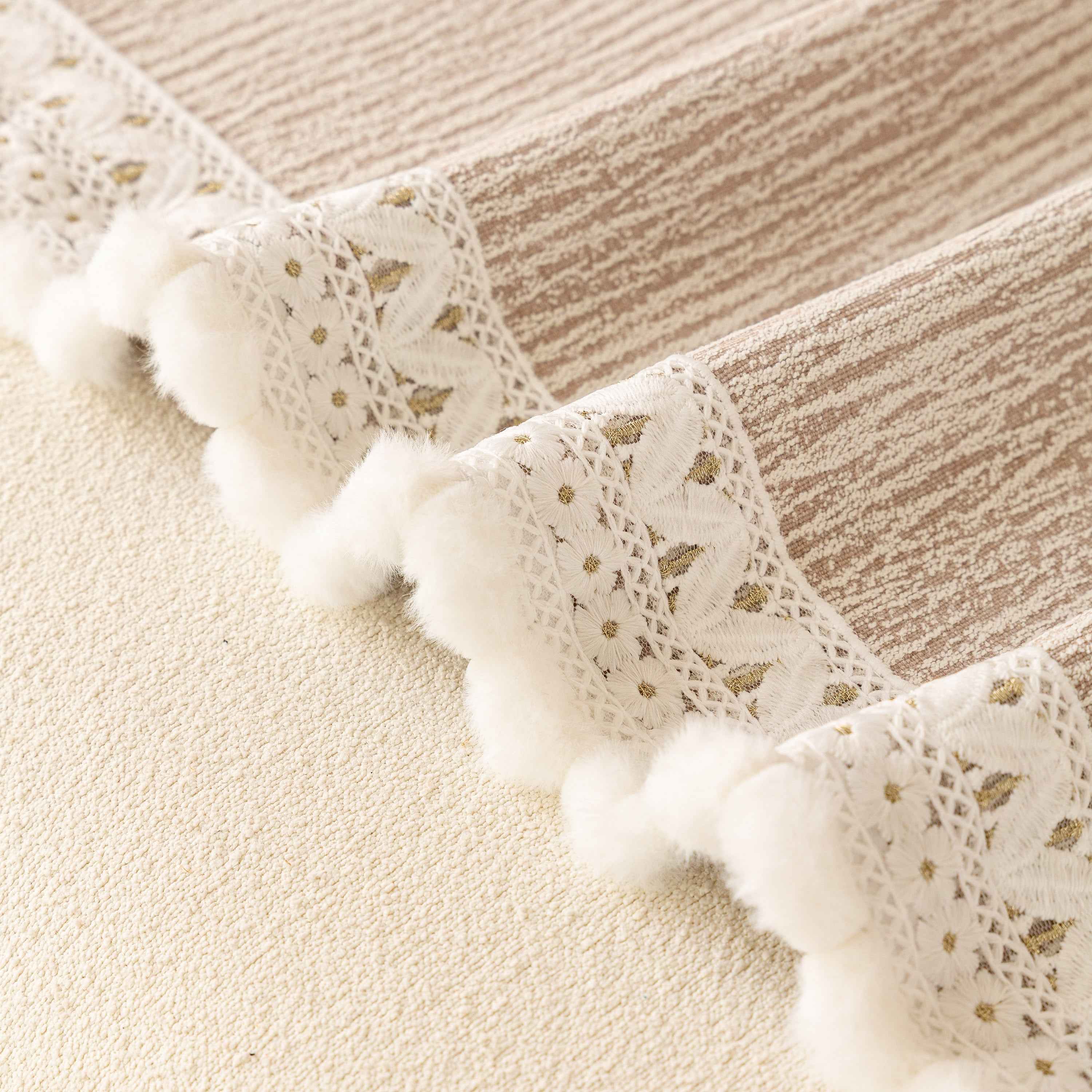 Sofa Cover Throw with Lace Trim & Pom-Pom Fringe, Decorative Couch Cover Blanket